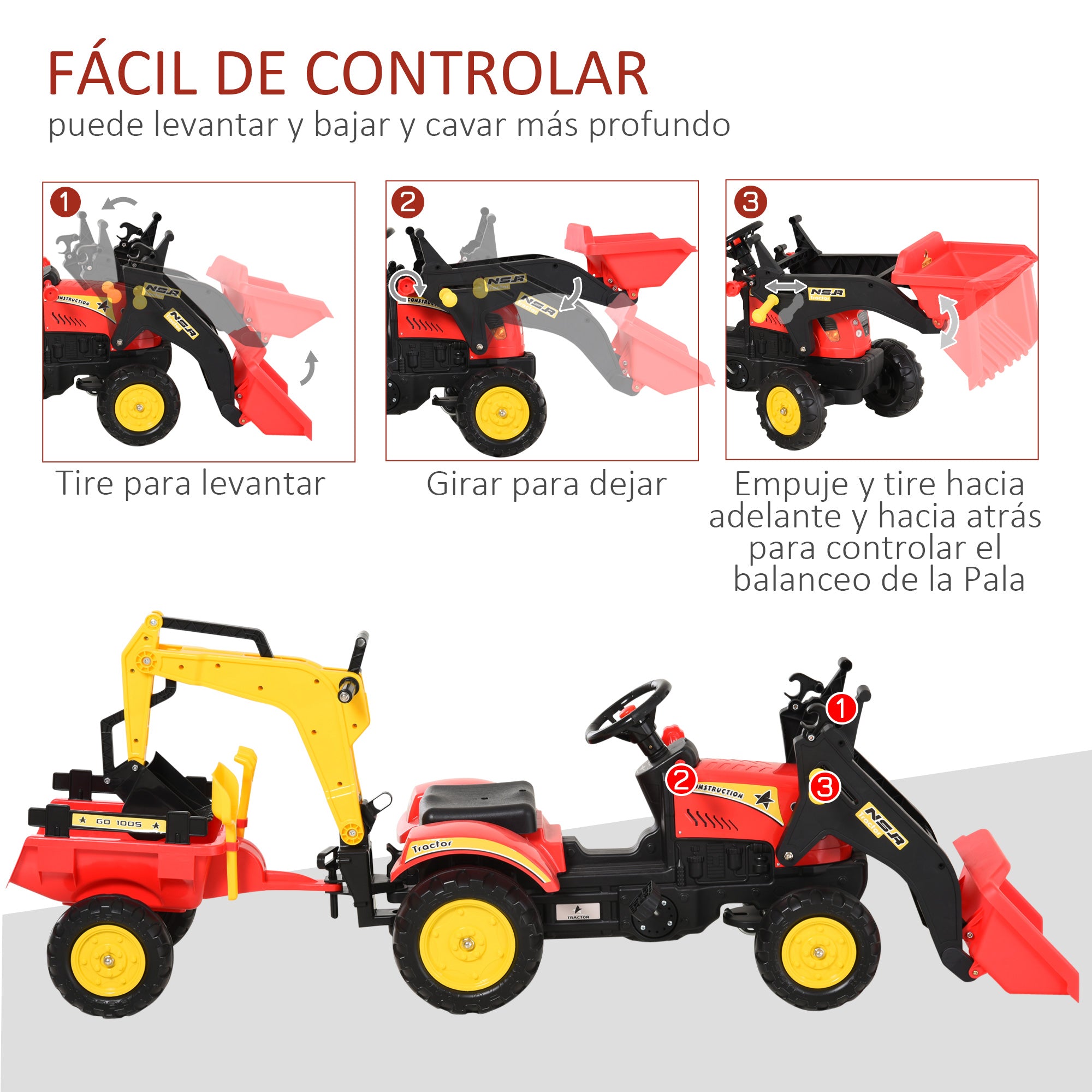 Trator de Pedais com Reboque Escavadeira Vermelho 179x42x59 cm para Crianças acima de 3 Anos