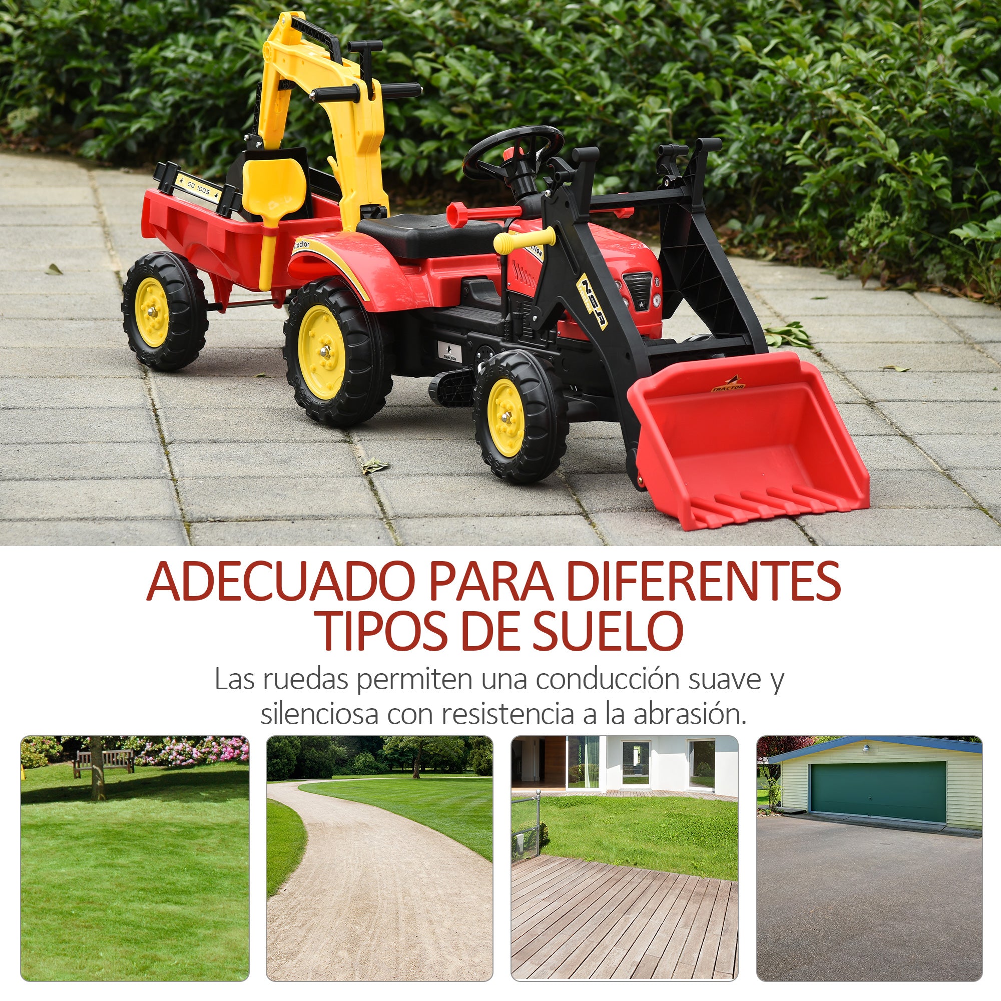 Trator de Pedais com Reboque Escavadeira Vermelho 179x42x59 cm para Crianças acima de 3 Anos