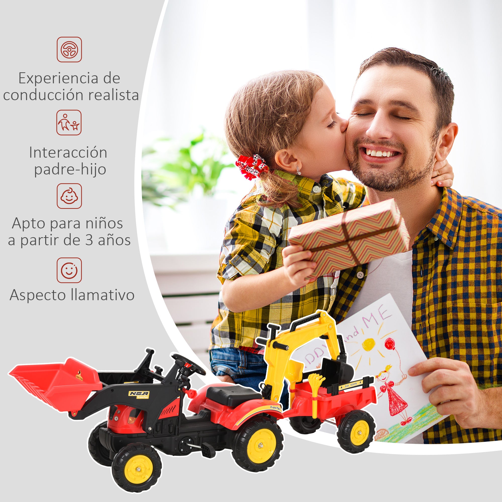 Trator de Pedais com Reboque Escavadeira Vermelho 179x42x59 cm para Crianças acima de 3 Anos