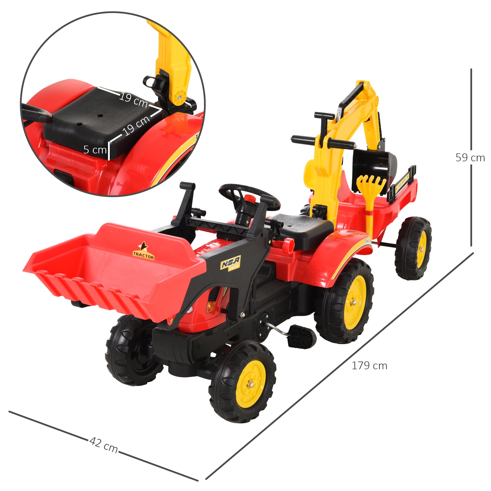 Trator de Pedais com Reboque Escavadeira Vermelho 179x42x59 cm para Crianças acima de 3 Anos