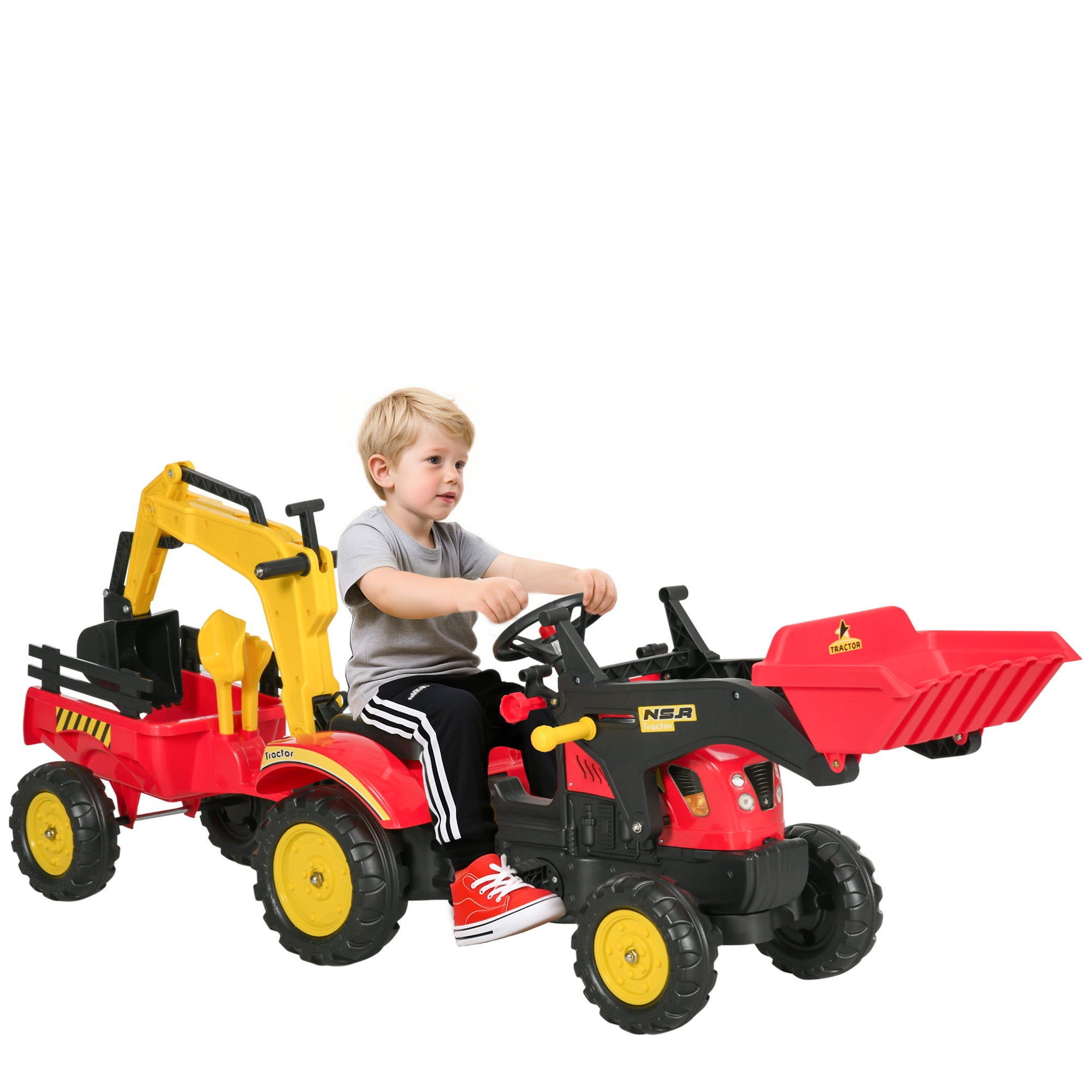 Trator de Pedais com Reboque Escavadeira Vermelho 179x42x59 cm para Crianças acima de 3 Anos