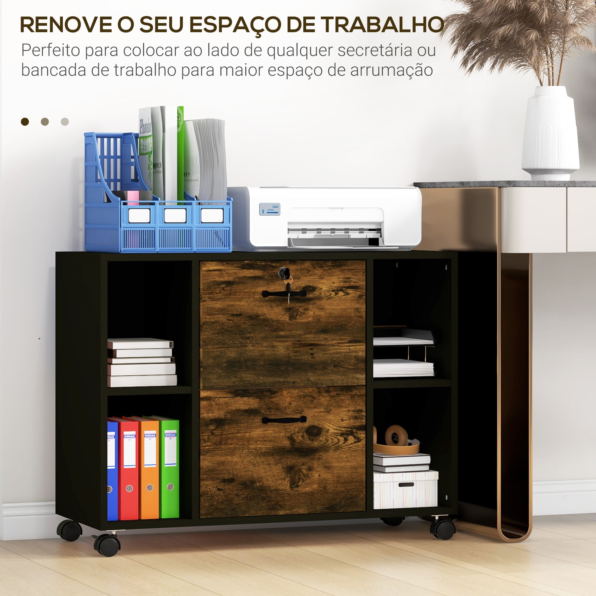 Armário para Impressora com 2 Gavetas e Rodas 90x37,5x68,5 cm - Castanho Rústico