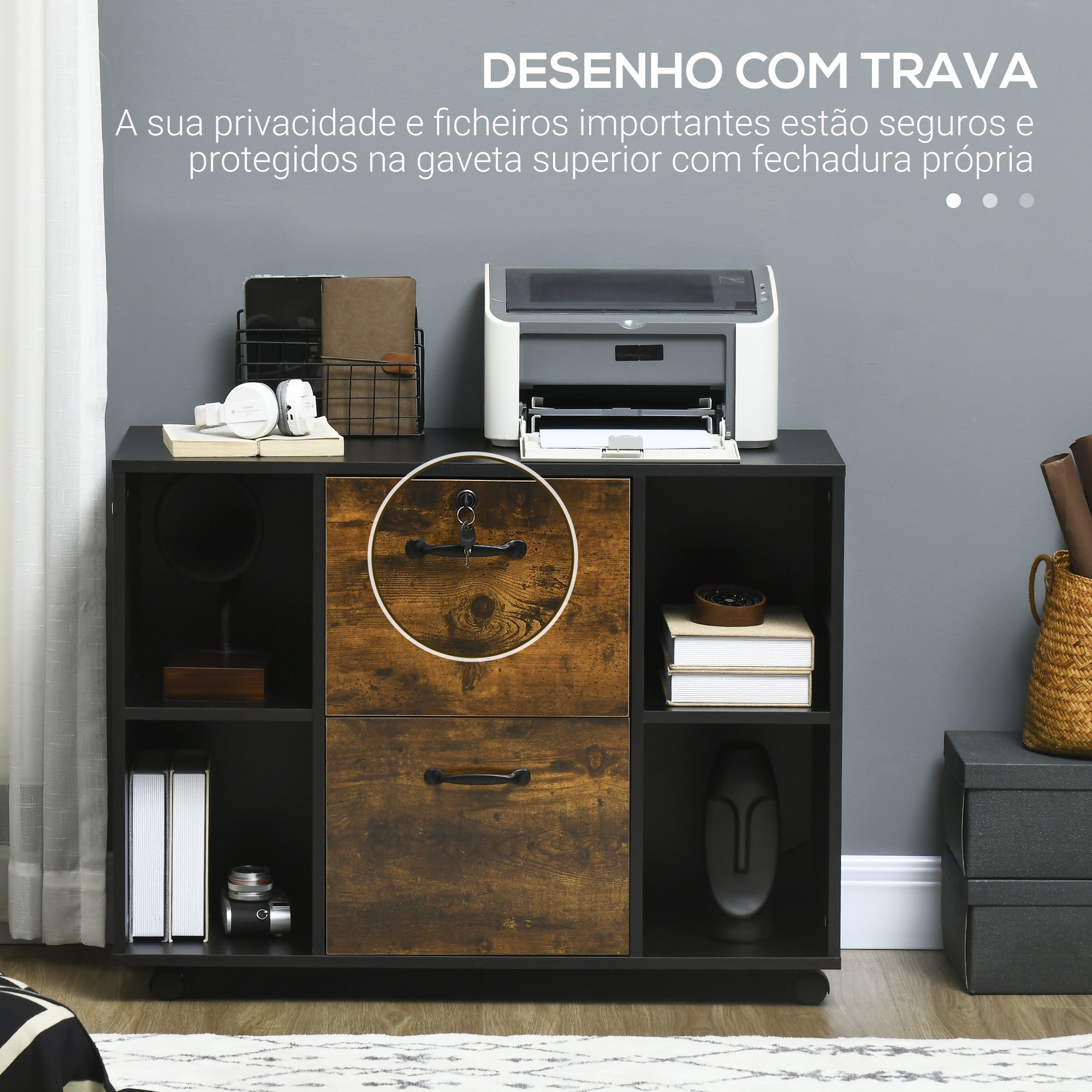 Armário para Impressora com 2 Gavetas e Rodas 90x37,5x68,5 cm - Castanho Rústico
