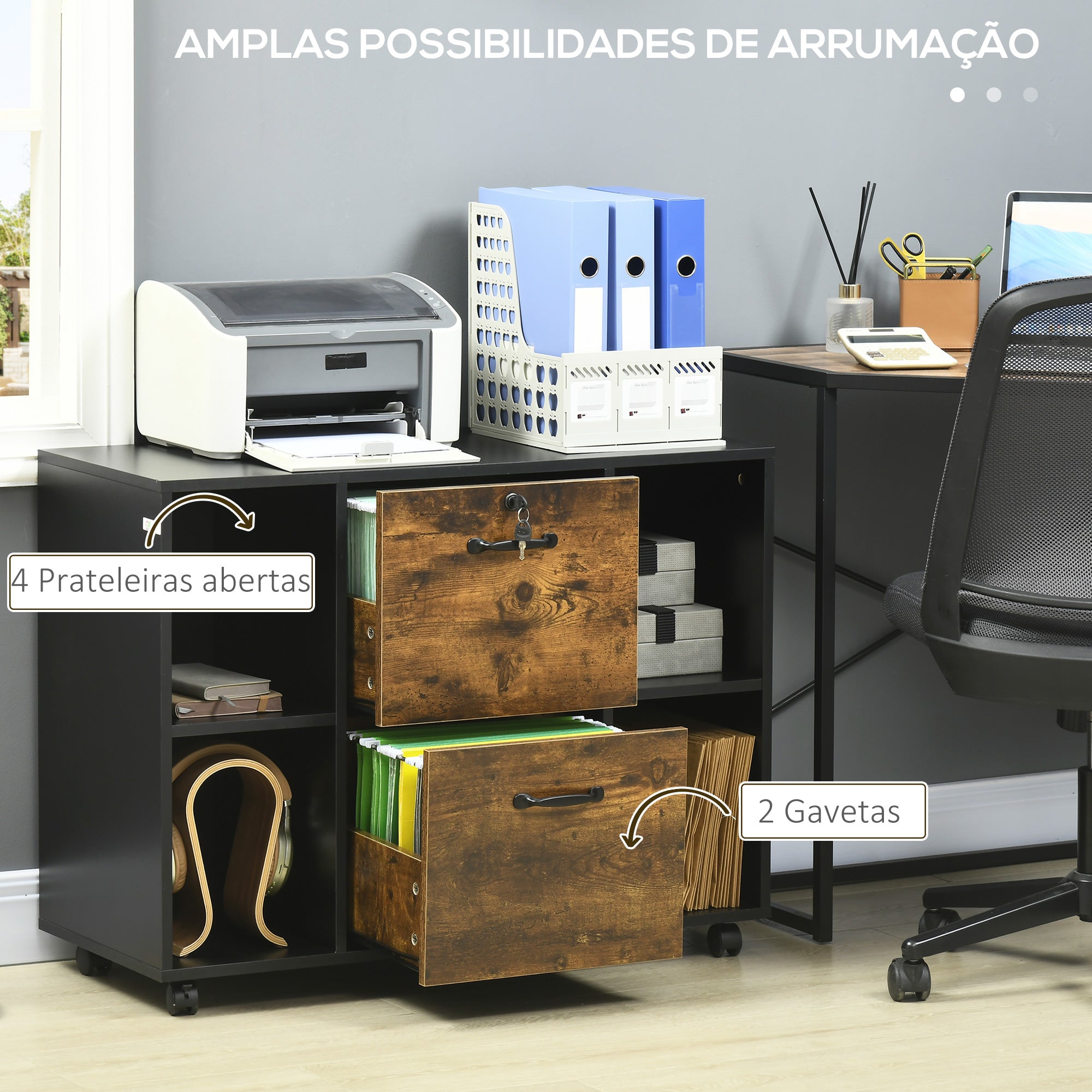 Armário para Impressora com 2 Gavetas e Rodas 90x37,5x68,5 cm - Castanho Rústico
