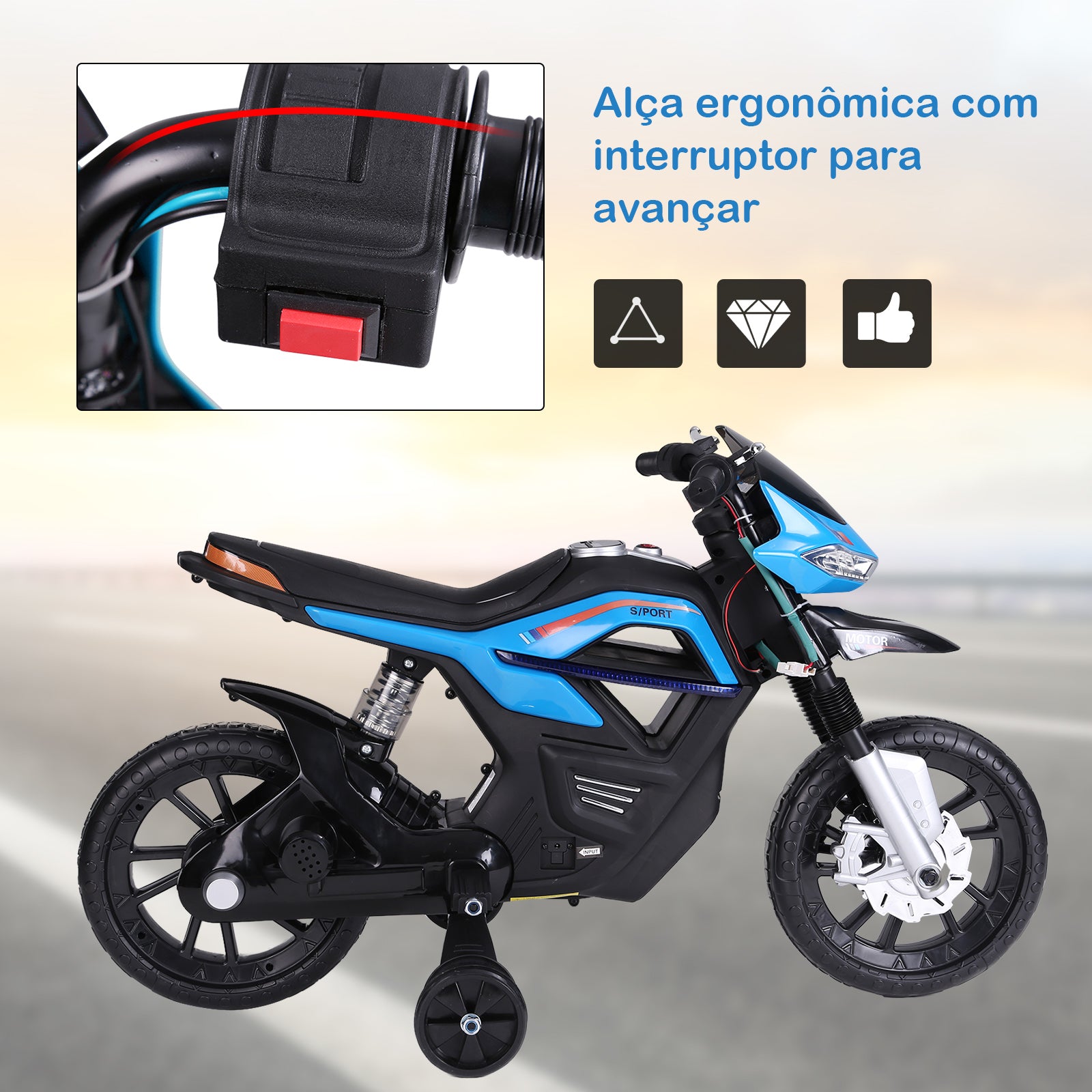 Motocicleta Infantil Elétrica Azul 105x52,3x62,3cm