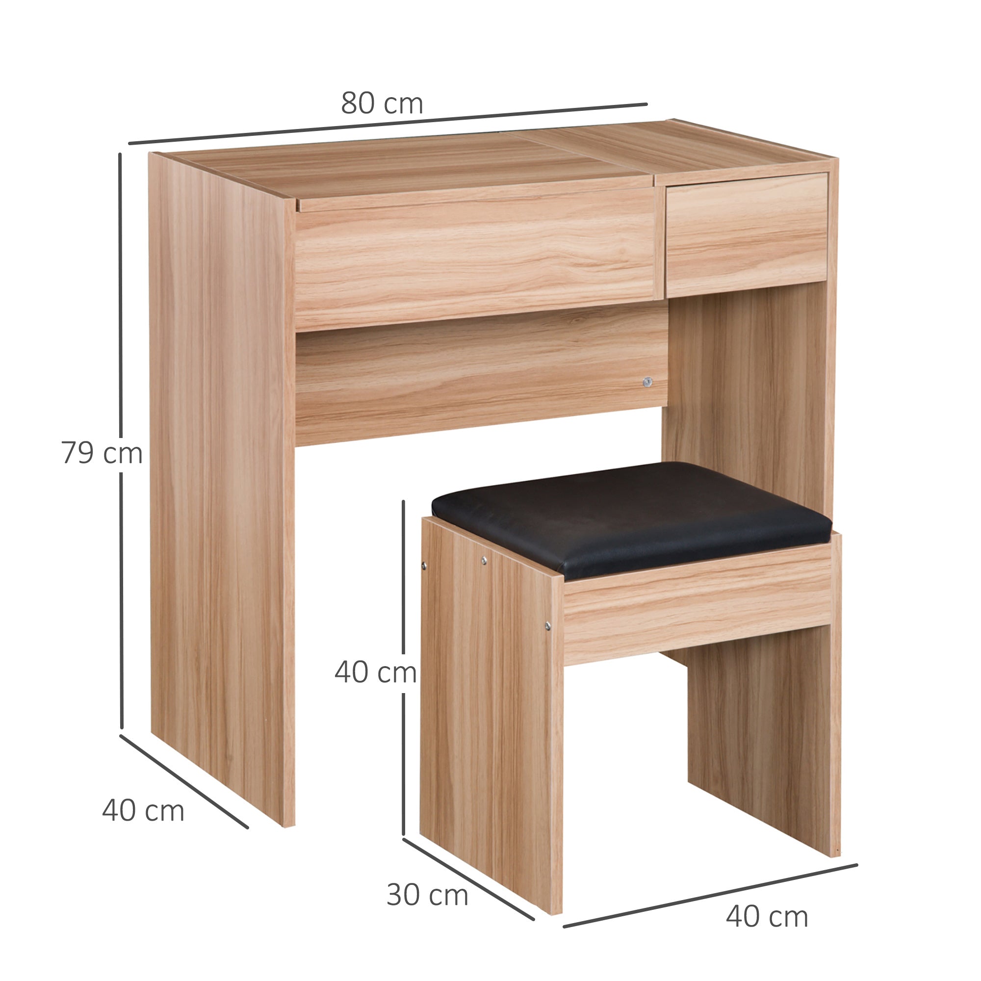 Toucador de Maquilhagem com Tampa Dobrável Cor de Madeira Natural 80x40x79cm