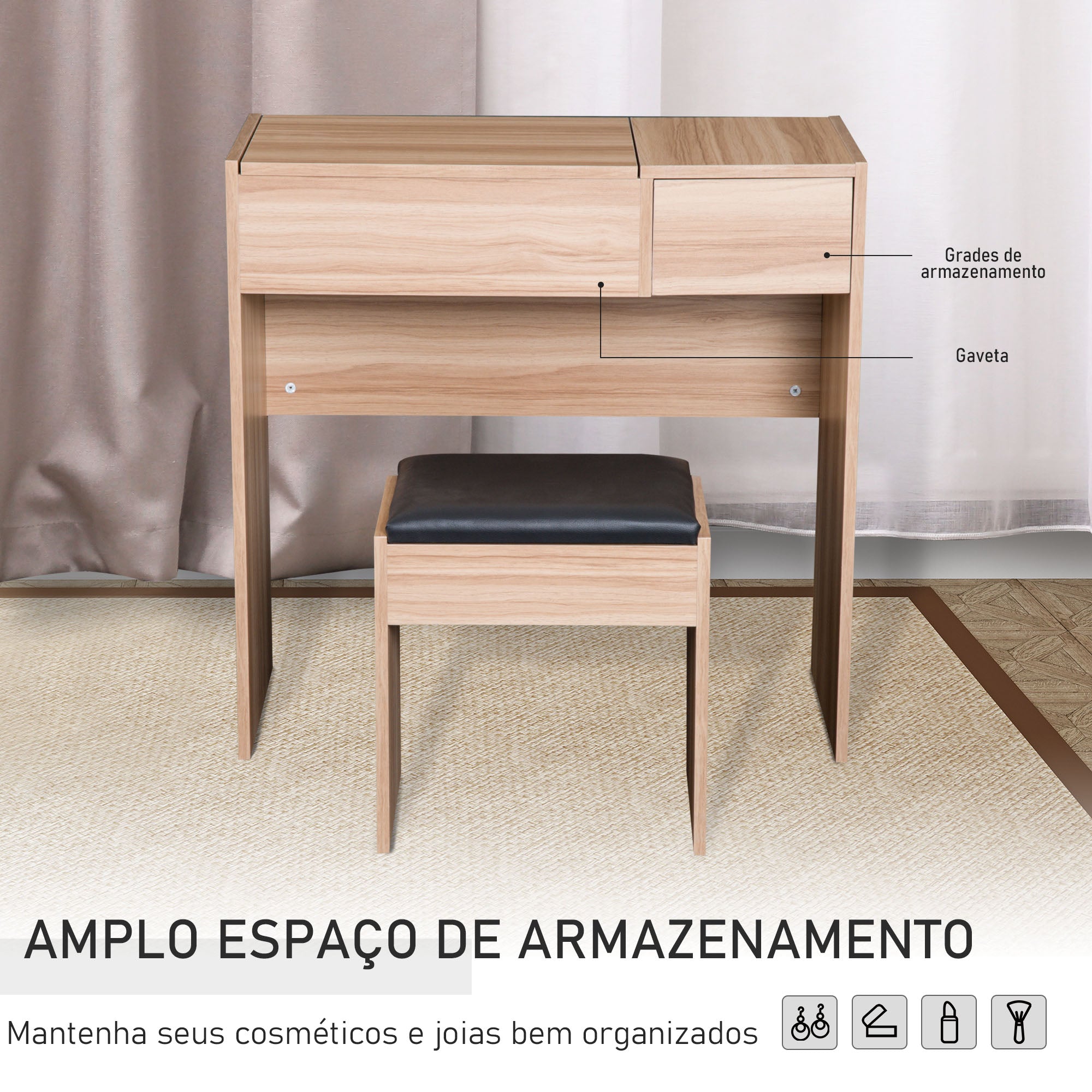 Toucador de Maquilhagem com Tampa Dobrável Cor de Madeira Natural 80x40x79cm