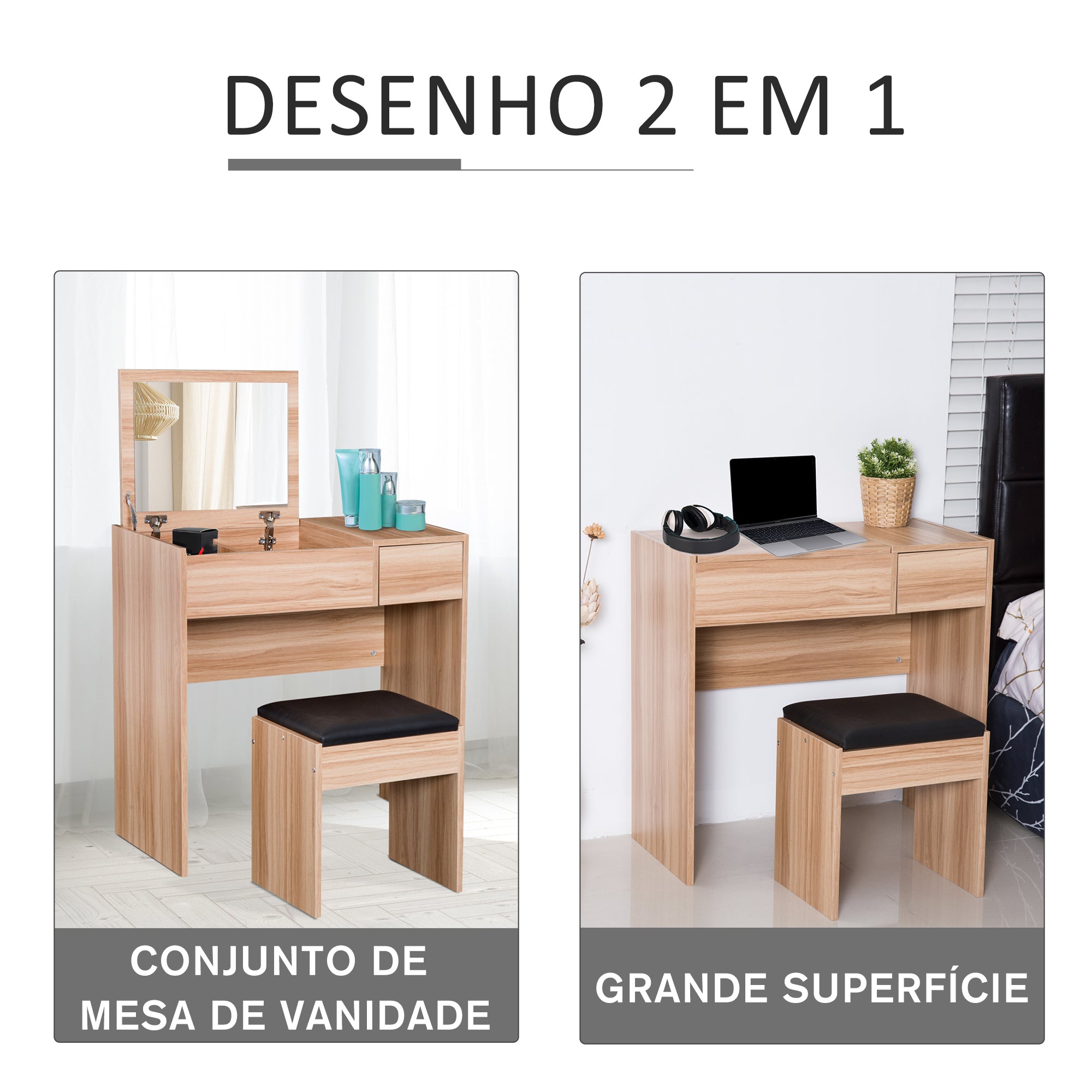 Toucador de Maquilhagem com Tampa Dobrável Cor de Madeira Natural 80x40x79cm