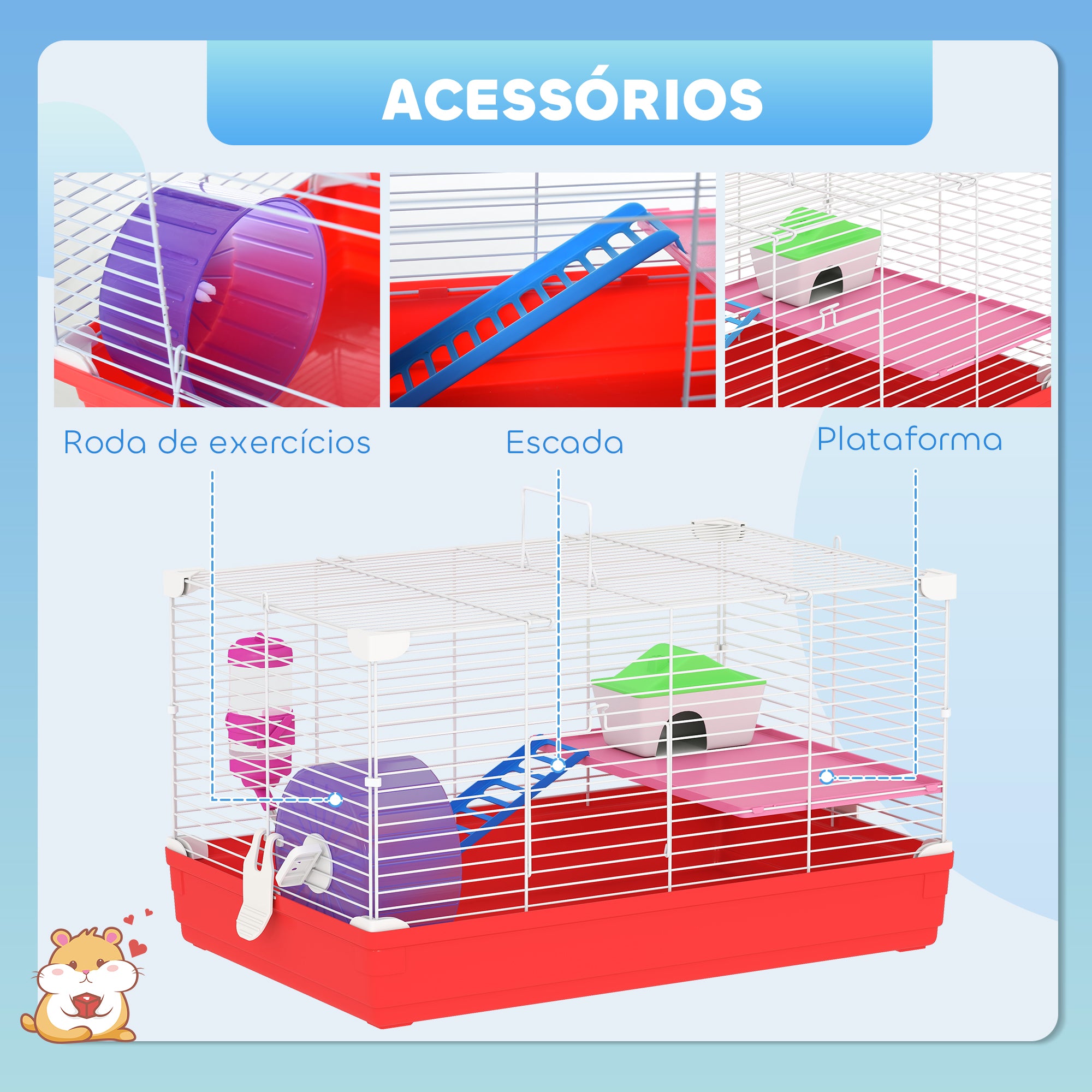 Gaiola para Hamster Casa 47x30x27cm - Branco e Vermelho