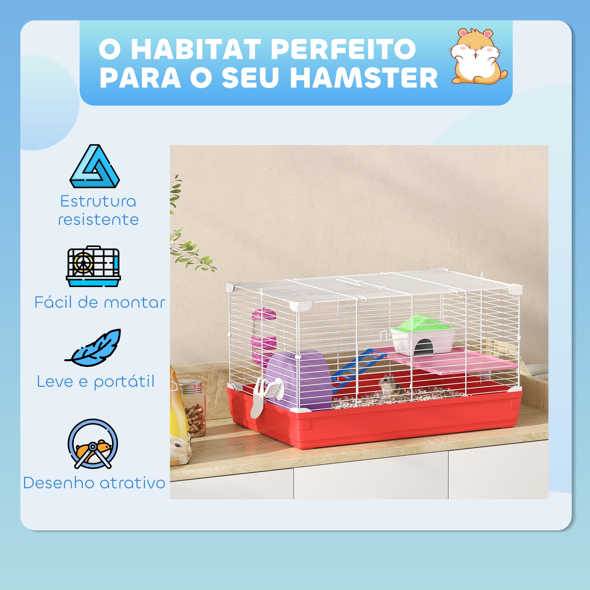 Gaiola para Hamster Casa 47x30x27cm - Branco e Vermelho