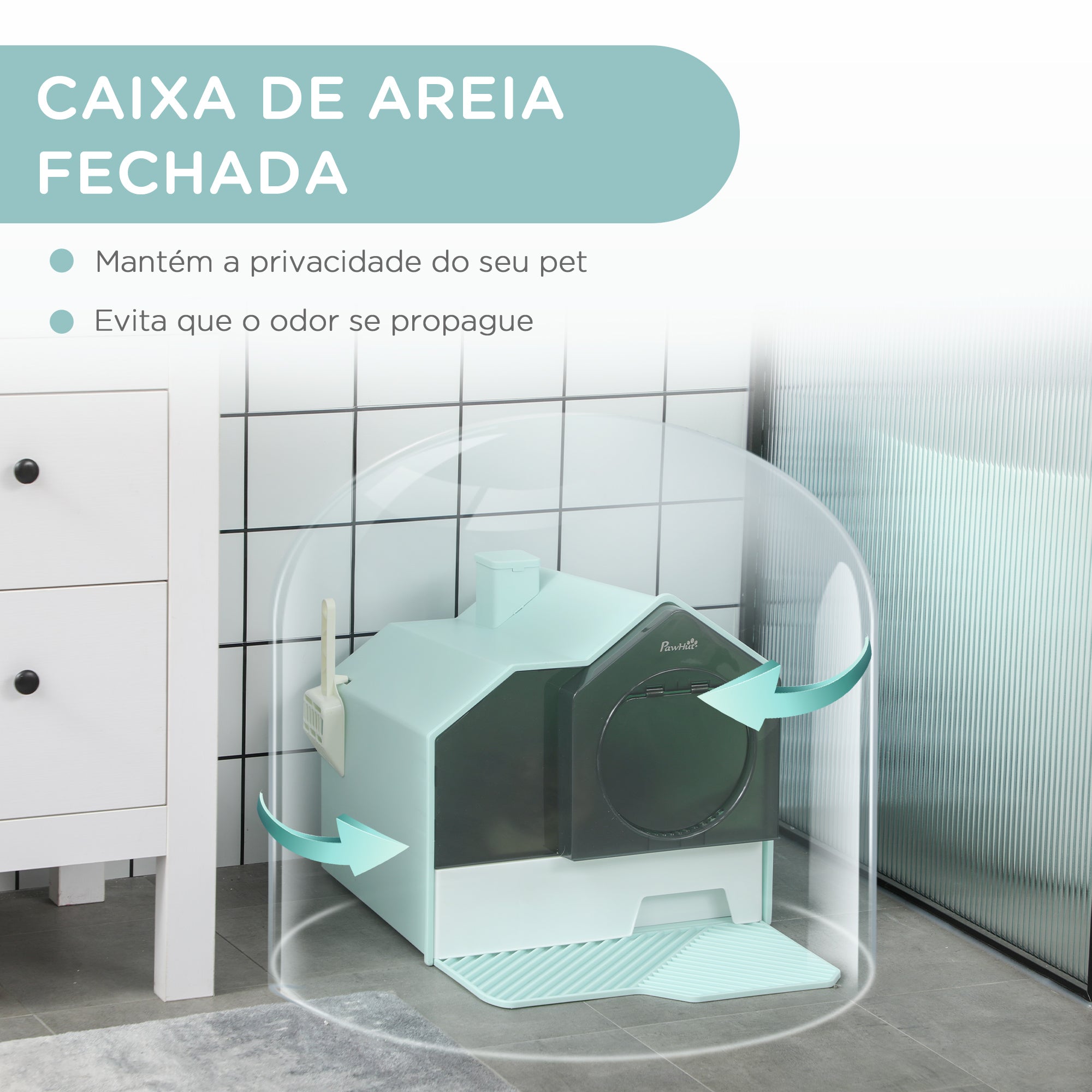 Caixa de Areia Fechada para Gatos – 47x45x42 cm – Azul Claro – Plástico PP