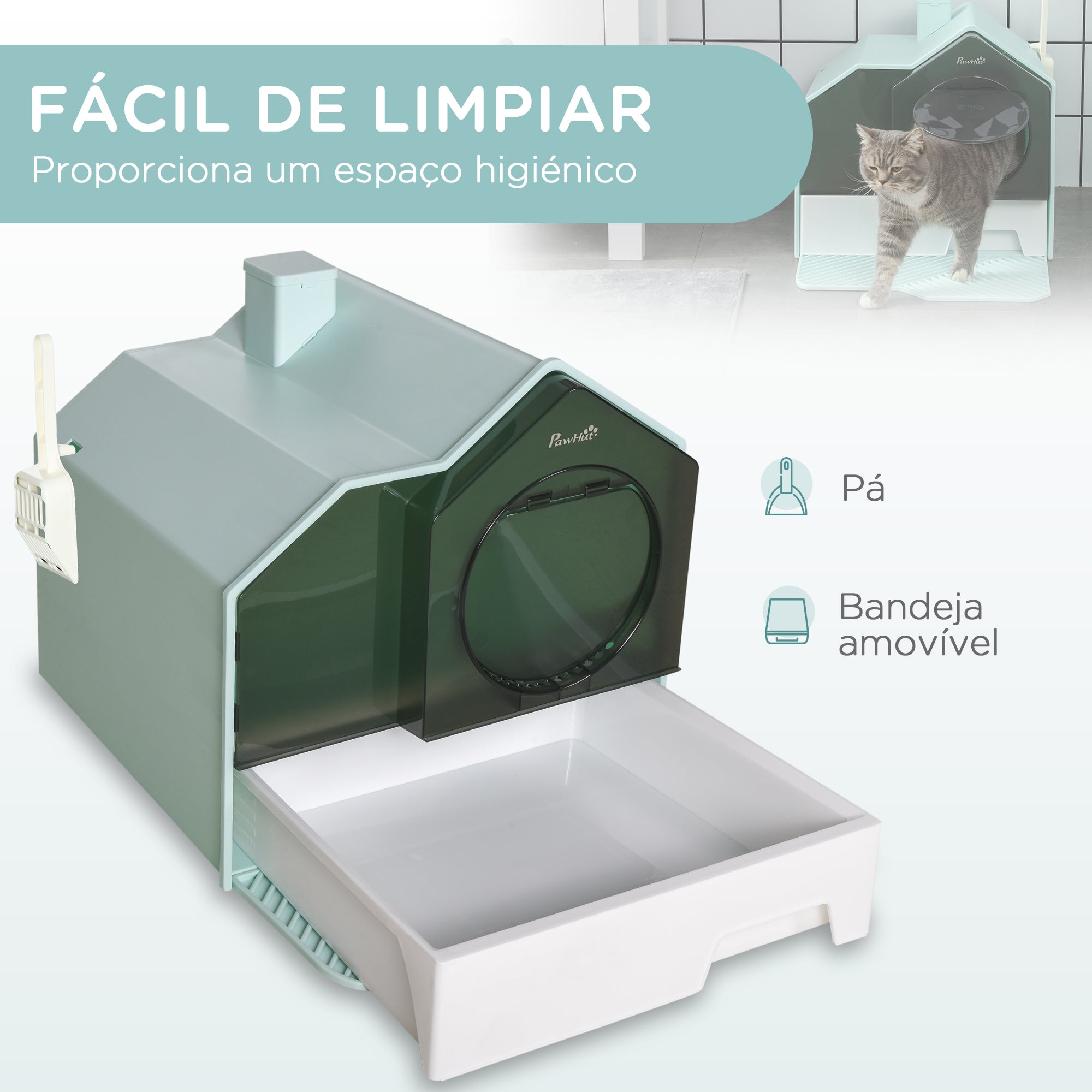 Caixa de Areia Fechada para Gatos – 47x45x42 cm – Azul Claro – Plástico PP