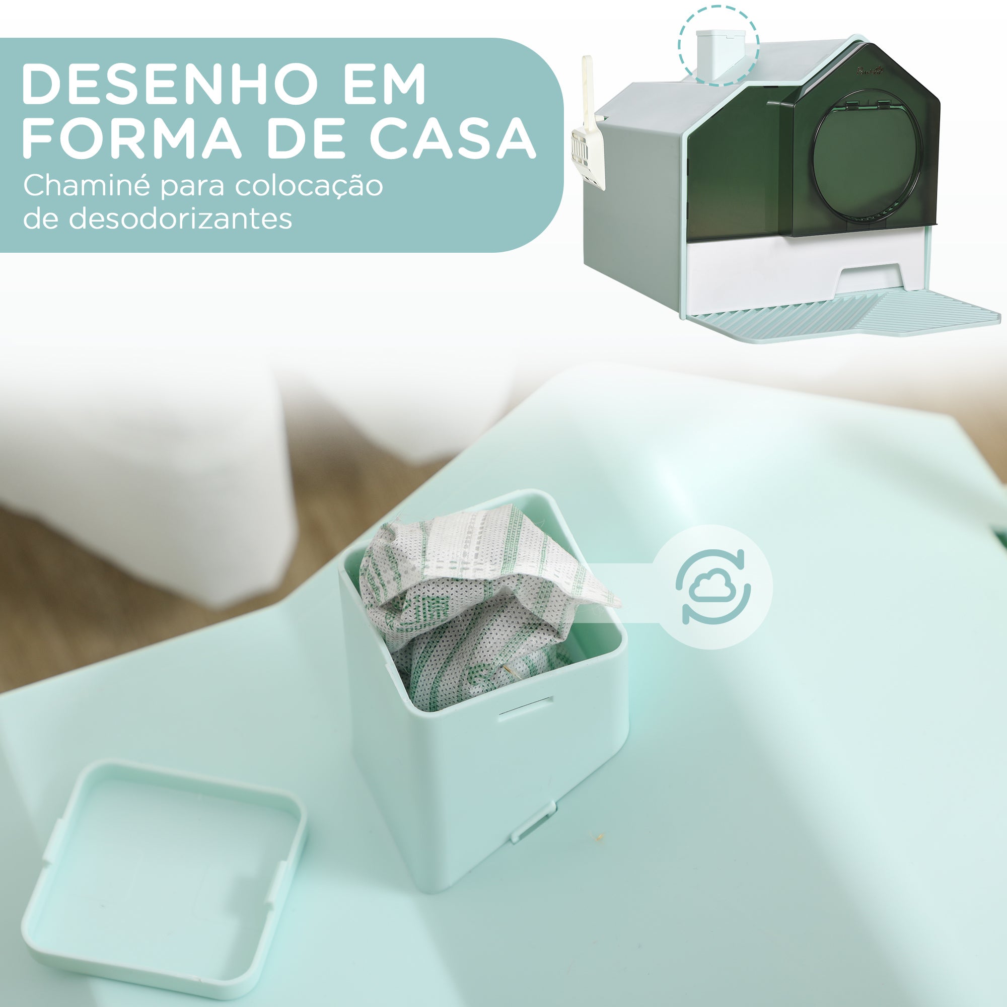 Caixa de Areia Fechada para Gatos – 47x45x42 cm – Azul Claro – Plástico PP