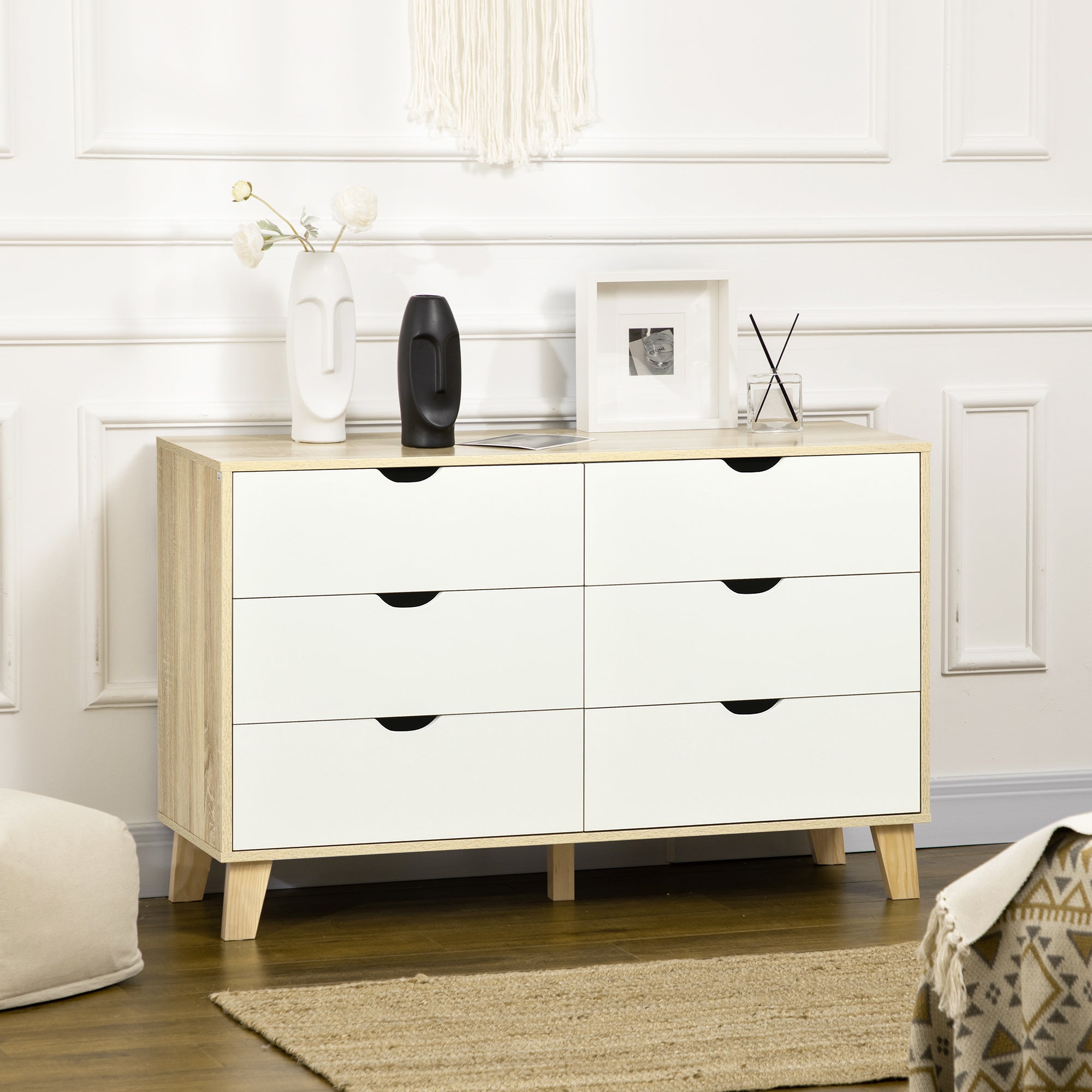 Cómoda Moderna com 6 Gavetas - 120x40x76cm - Madeira e Branco