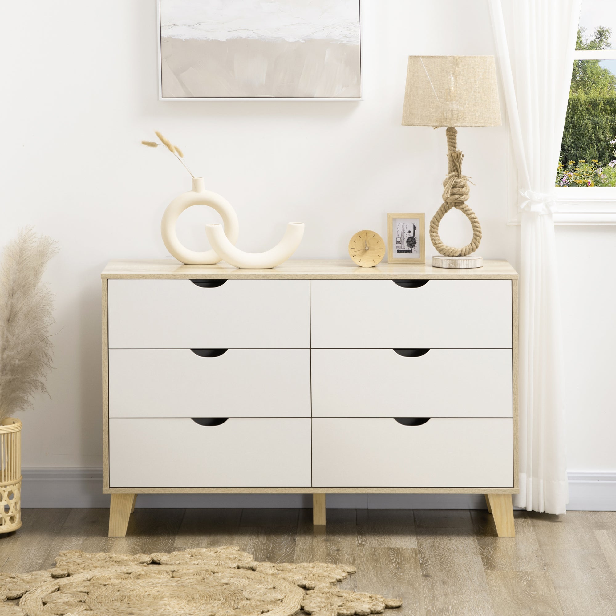 Cómoda Moderna com 6 Gavetas - 120x40x76cm - Madeira e Branco