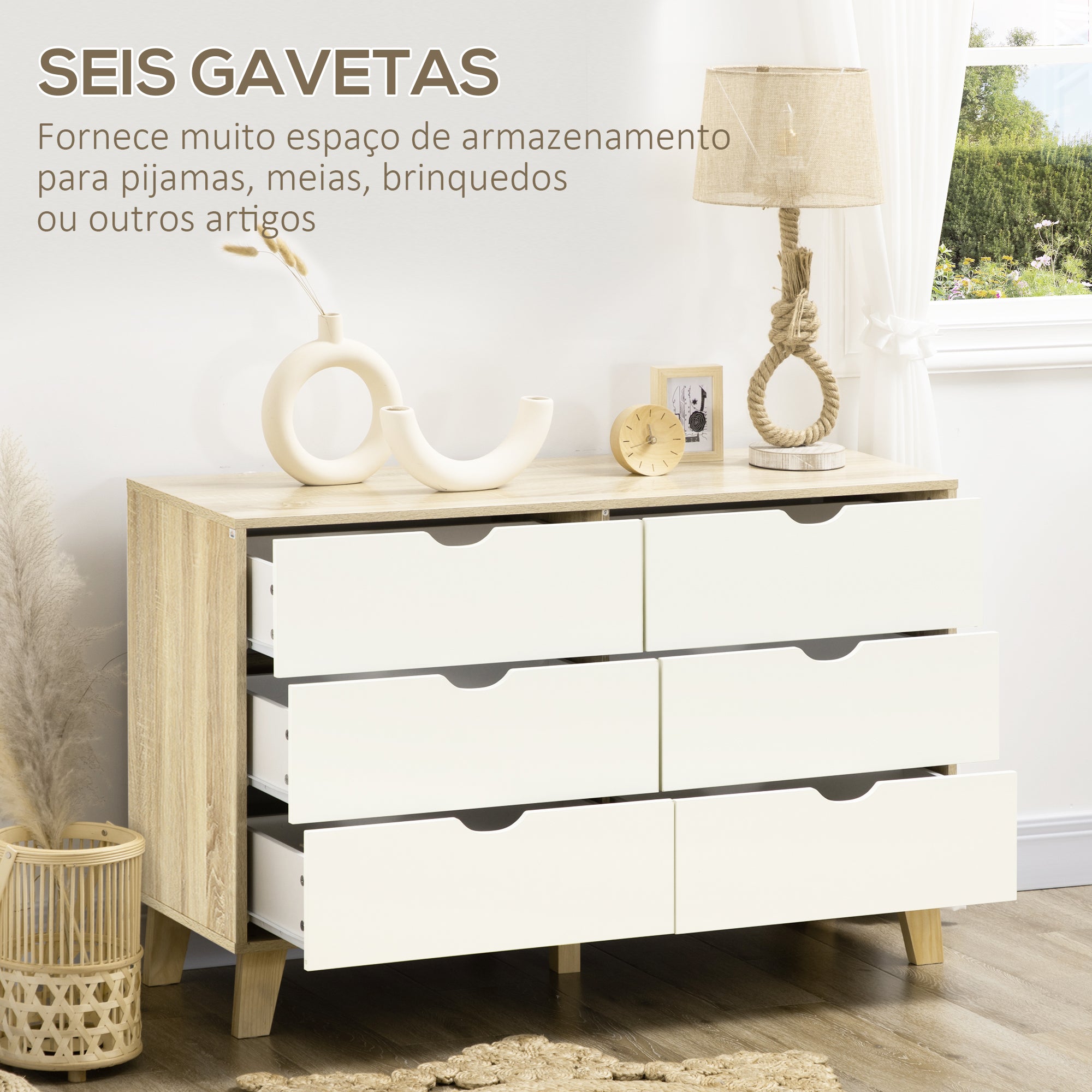Cómoda Moderna com 6 Gavetas - 120x40x76cm - Madeira e Branco