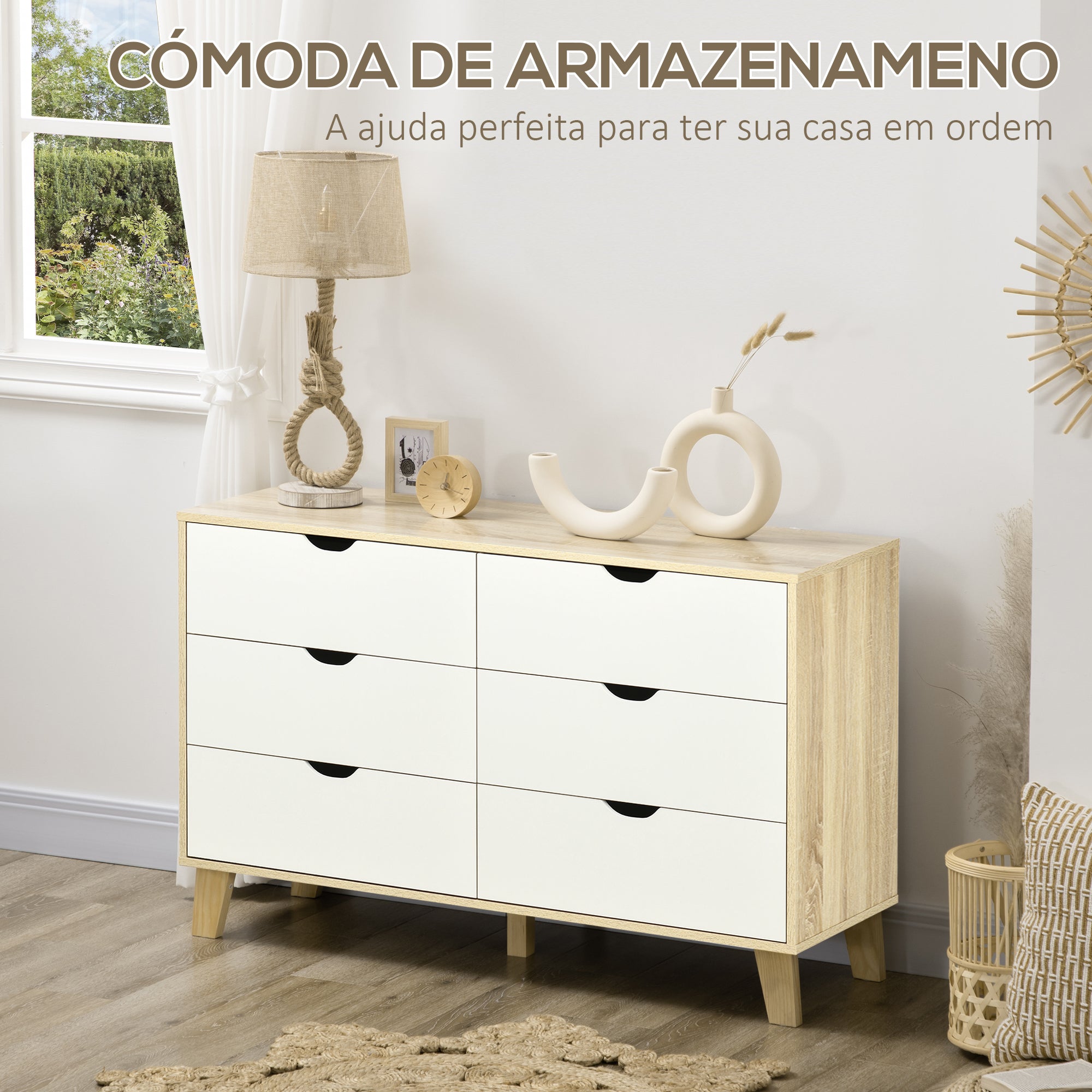 Cómoda Moderna com 6 Gavetas - 120x40x76cm - Madeira e Branco
