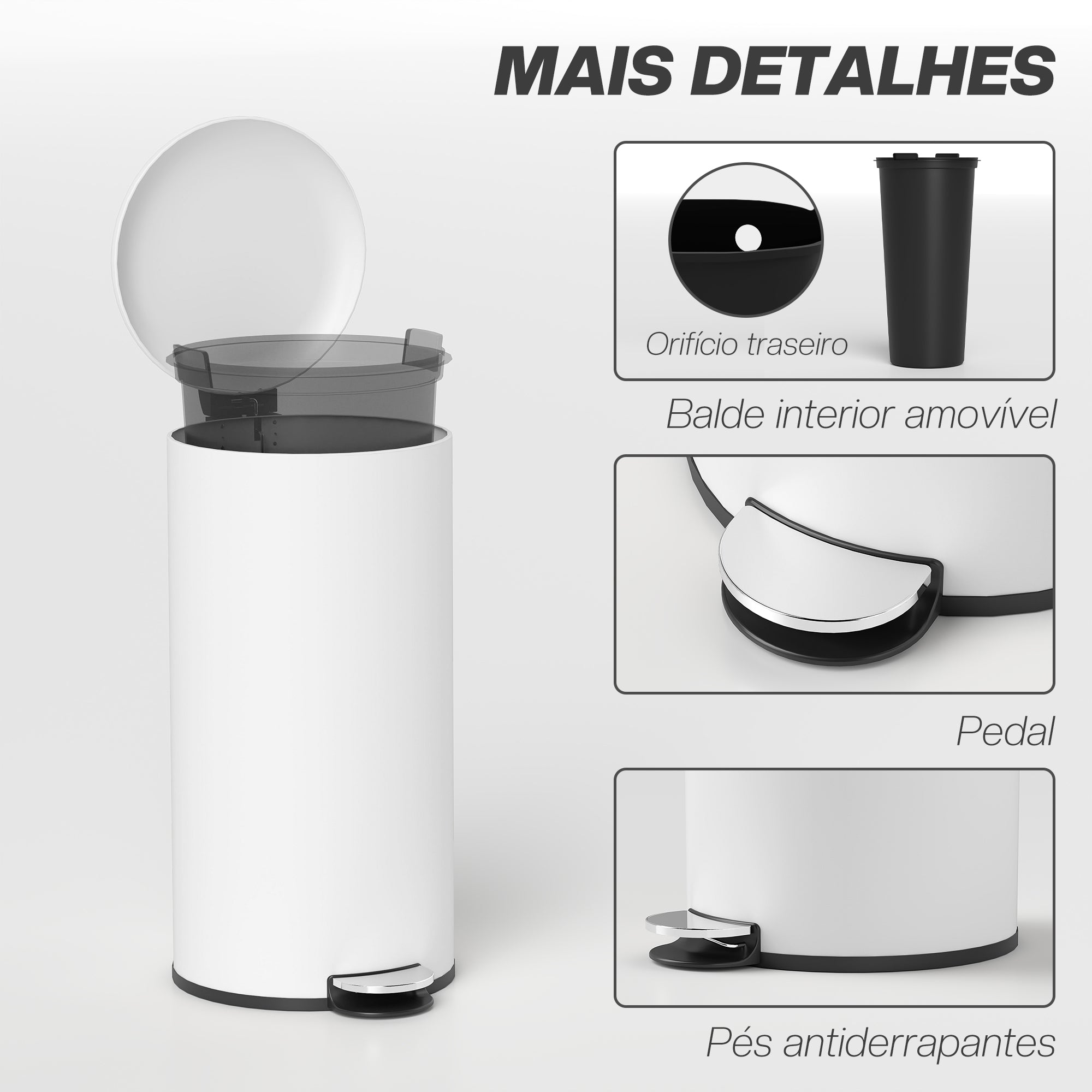 Balde de Lixo para Cozinha – 30L – Creme Branco – Metal e plástico PP