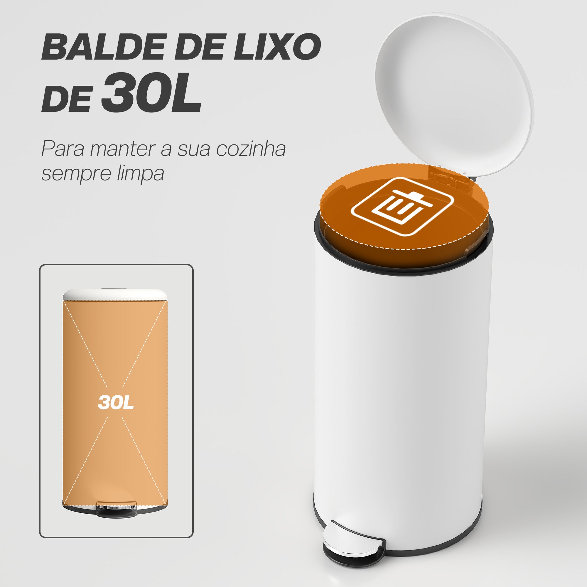 Balde de Lixo para Cozinha – 30L – Creme Branco – Metal e plástico PP