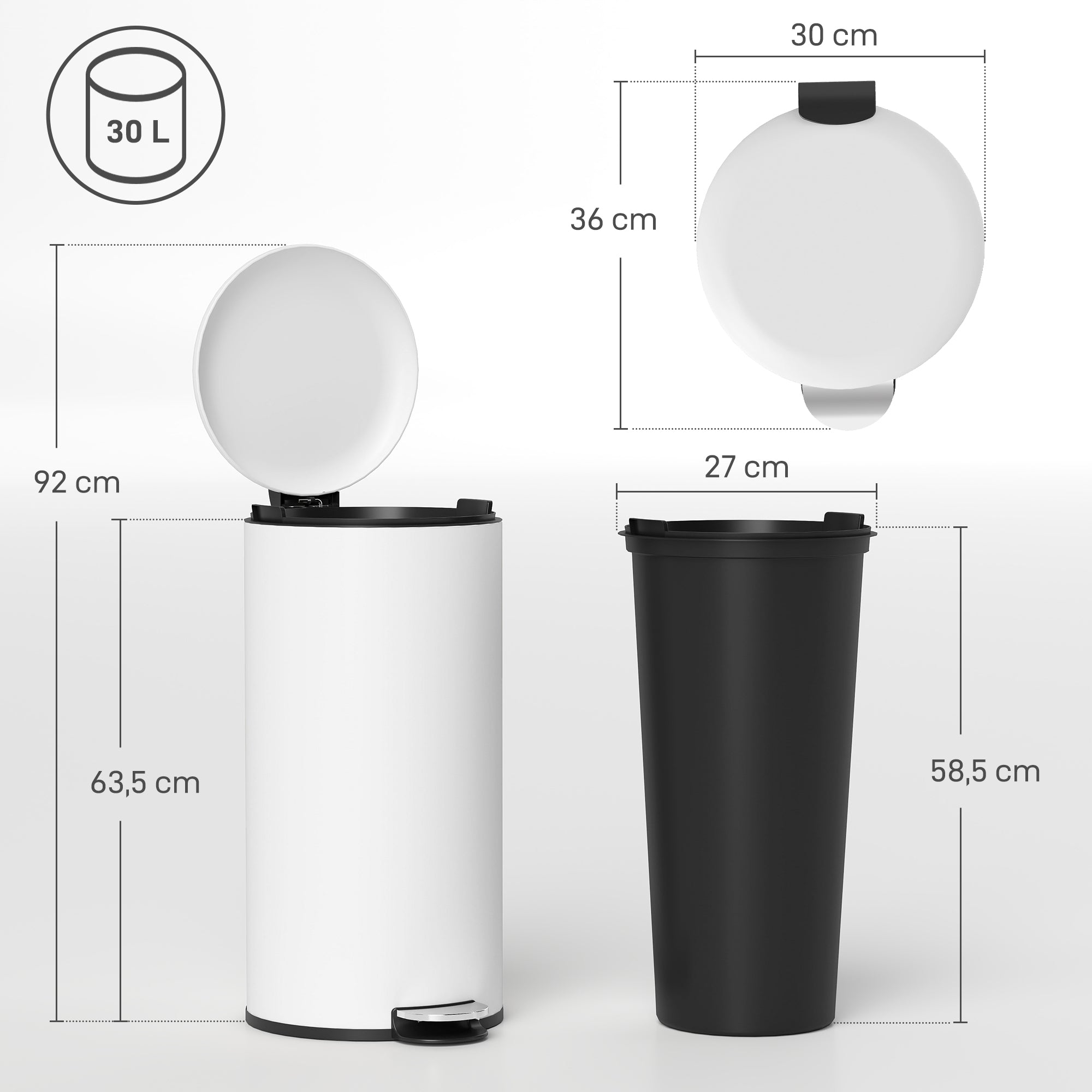 Balde de Lixo para Cozinha – 30L – Creme Branco – Metal e plástico PP