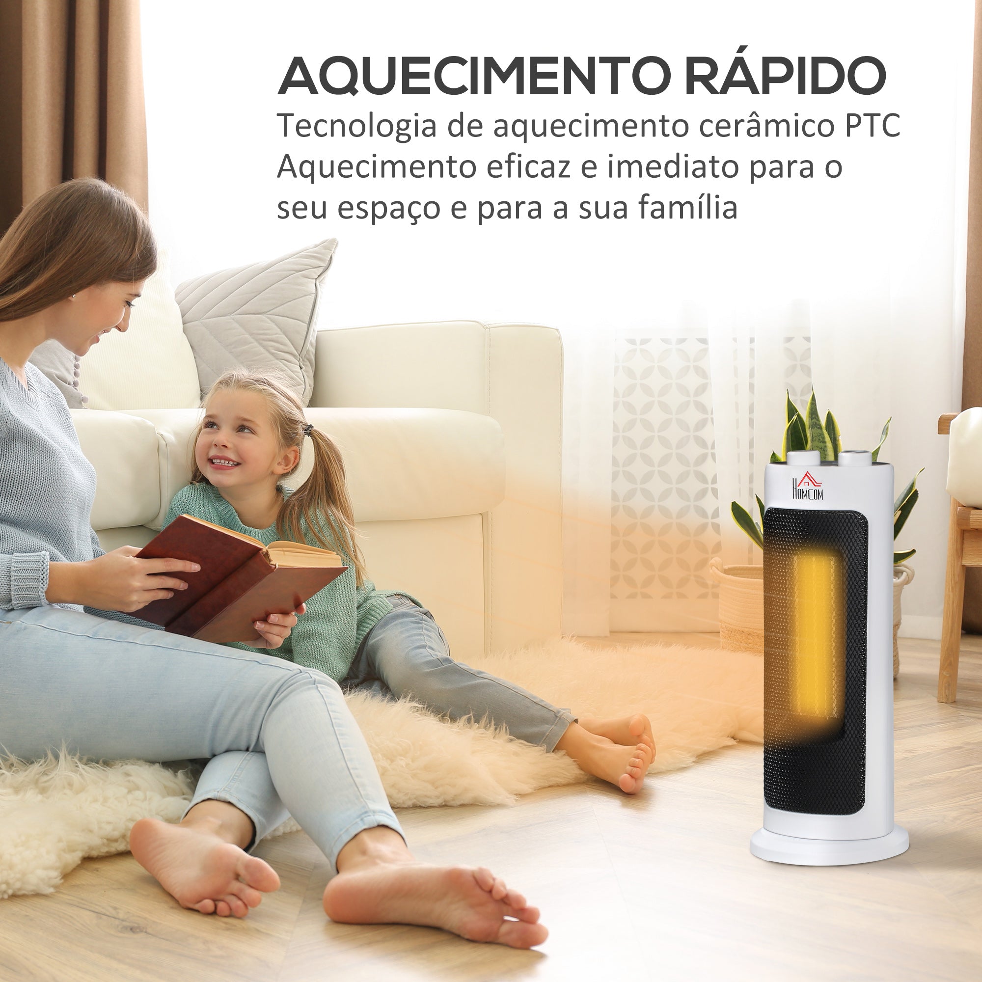 Aquecedor Elétrico de Torre 1300/2000W Cerâmico PTC Branco 17x17x41.5cm