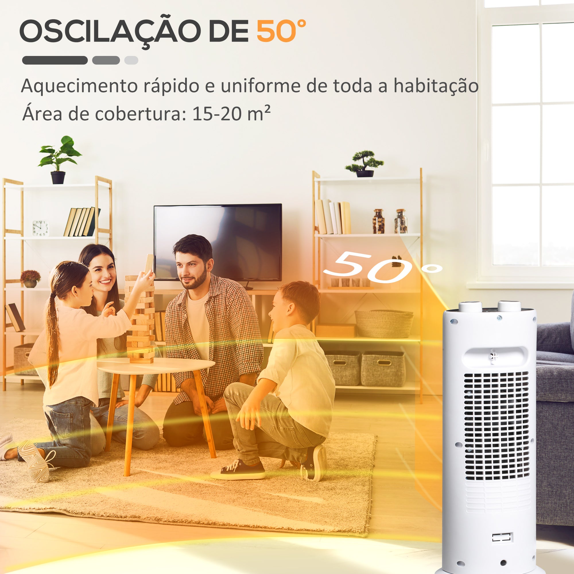Aquecedor Elétrico de Torre 1300/2000W Cerâmico PTC Branco 17x17x41.5cm