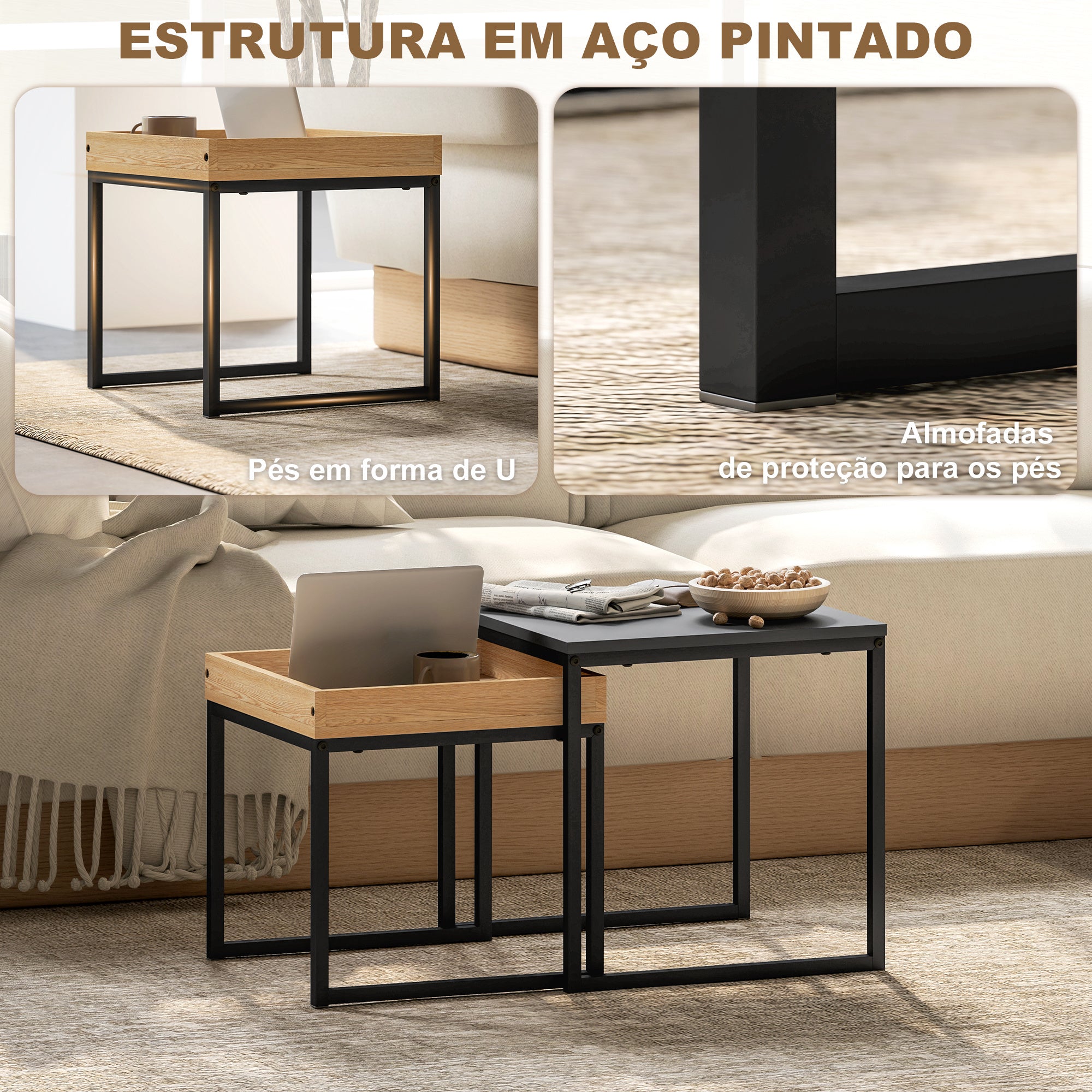 Conjunto de Mesas Auxiliares – 45x45x45 cm – Preto e Carvalho – MDF