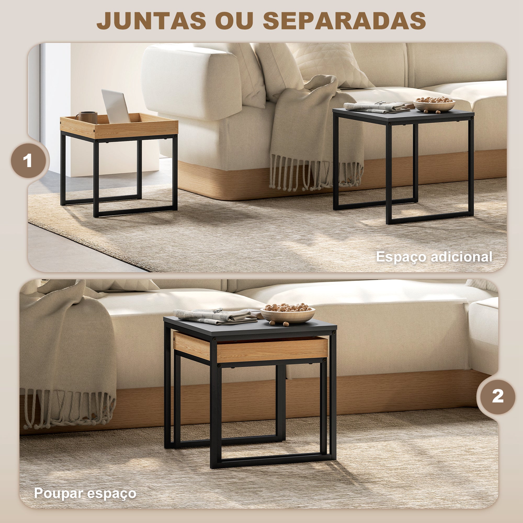 Conjunto de Mesas Auxiliares – 45x45x45 cm – Preto e Carvalho – MDF