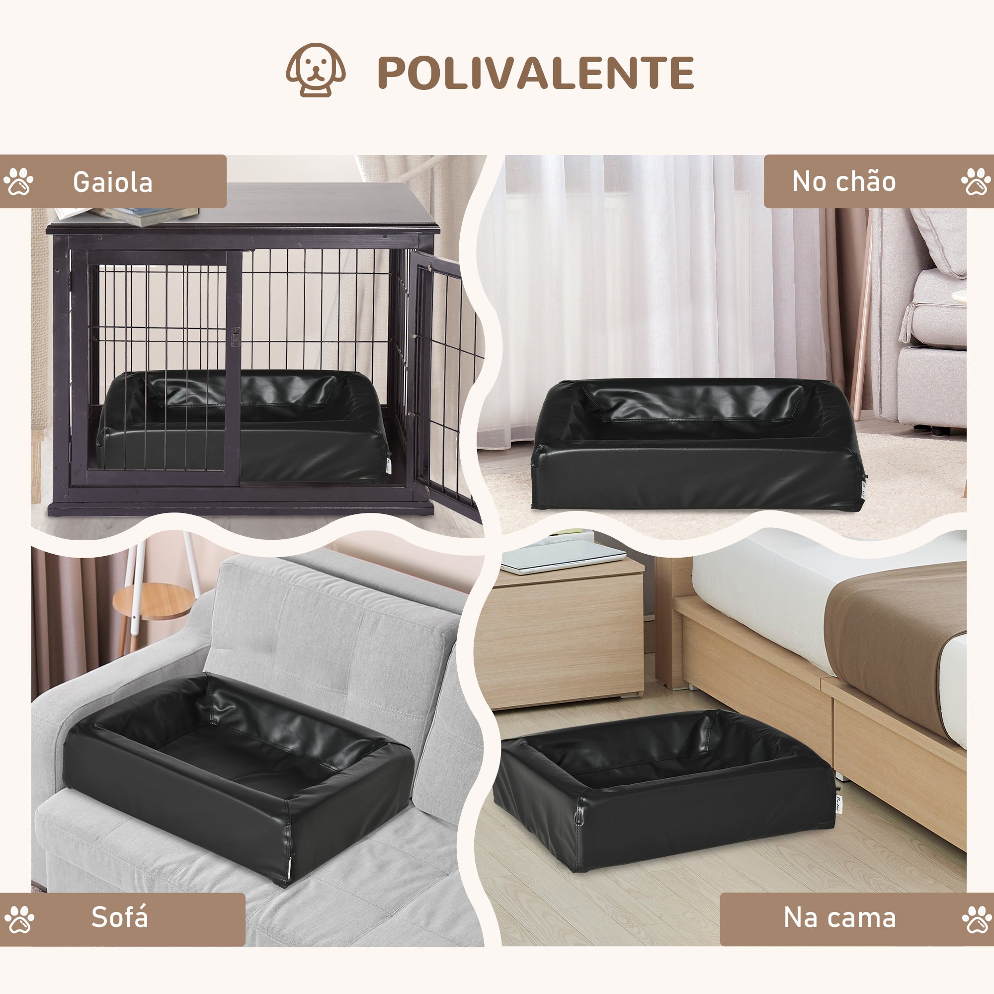 Cama Estofada em Couro PU Preto 58x49x14,5 cm para Cães e Gatos