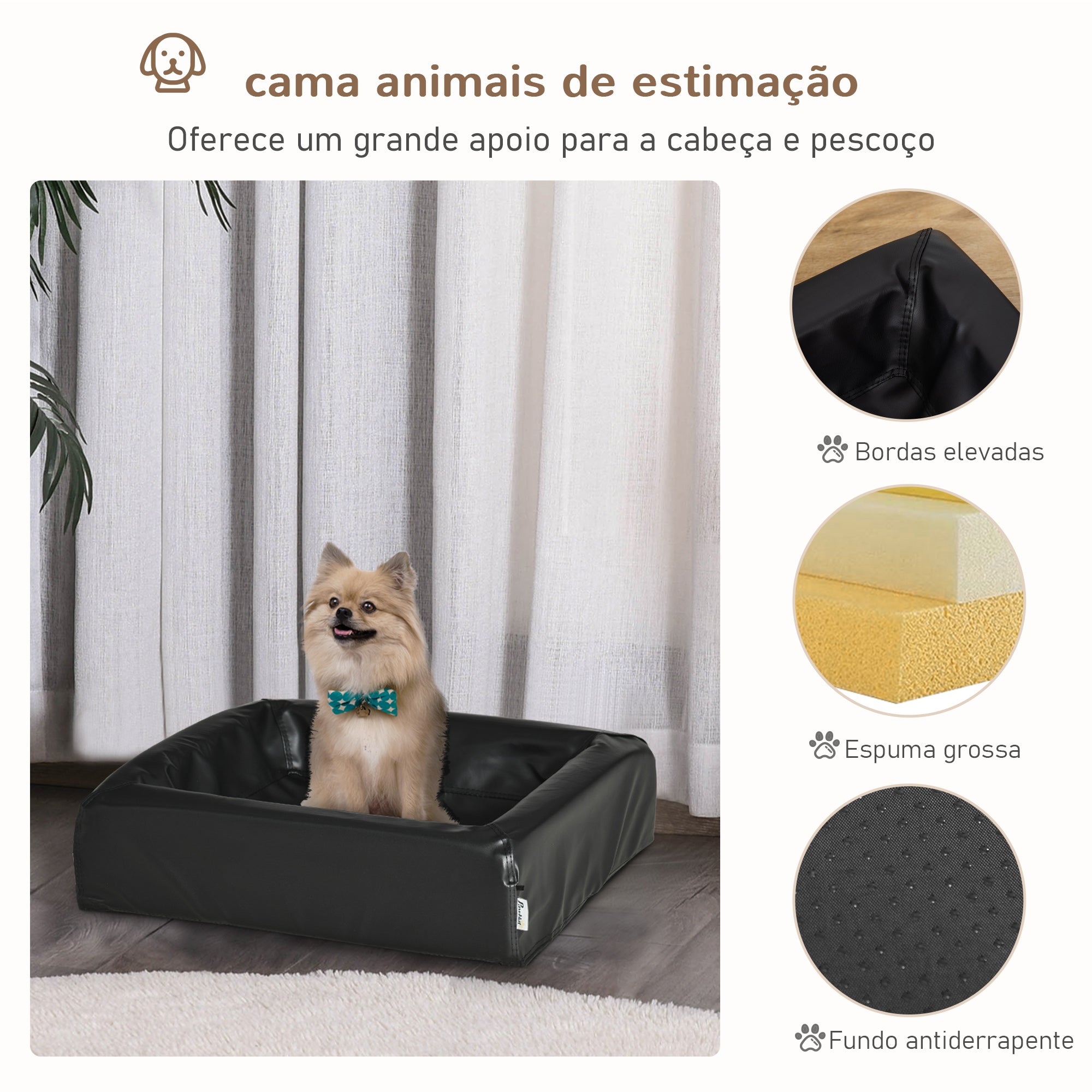Cama Estofada em Couro PU Preto 58x49x14,5 cm para Cães e Gatos