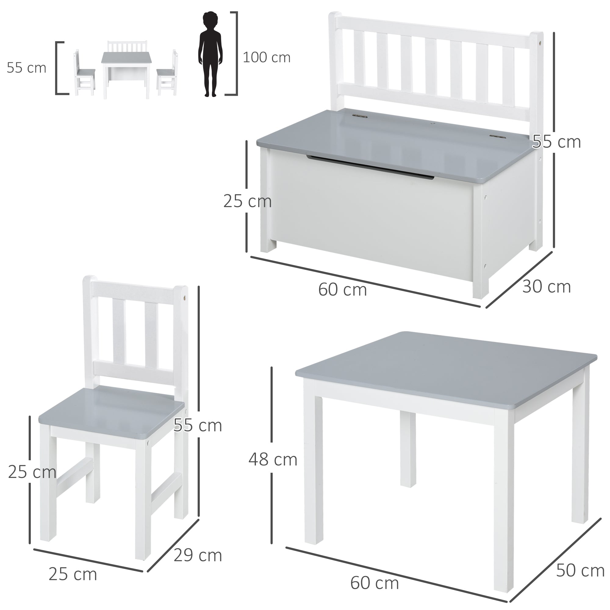 Conjunto Infantil de Mesa, Cadeiras e Banco com Armazenamento – 60x50x48 cm – Branco e Cinza