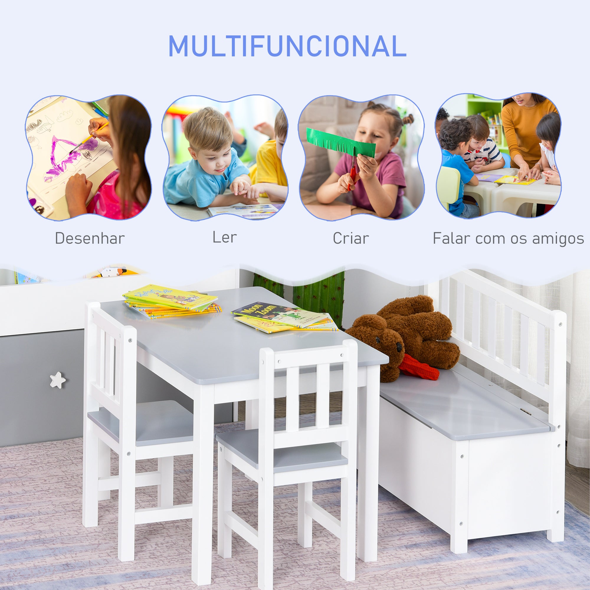 Conjunto Infantil de Mesa, Cadeiras e Banco com Armazenamento – 60x50x48 cm – Branco e Cinza