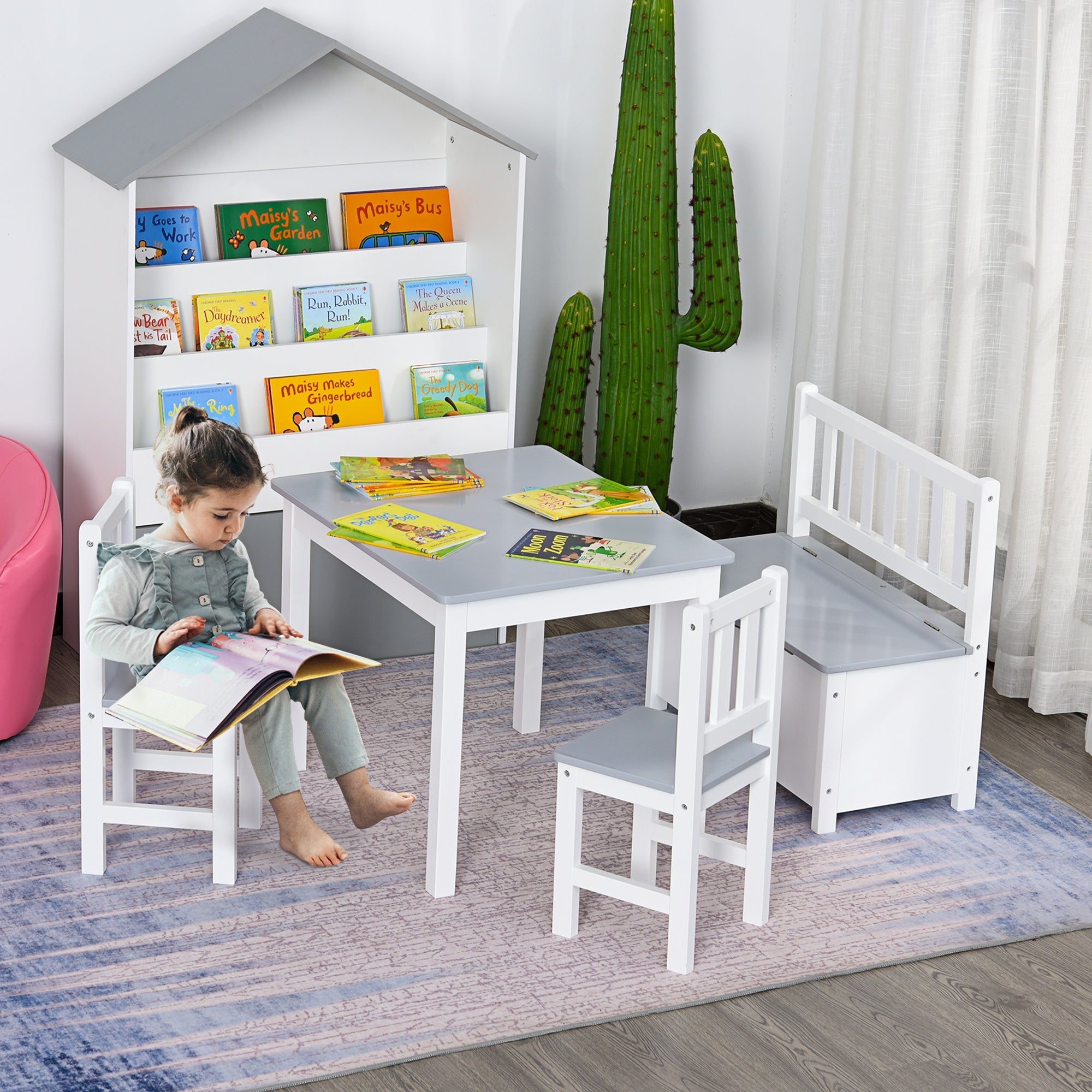 Conjunto Infantil de Mesa, Cadeiras e Banco com Armazenamento – 60x50x48 cm – Branco e Cinza