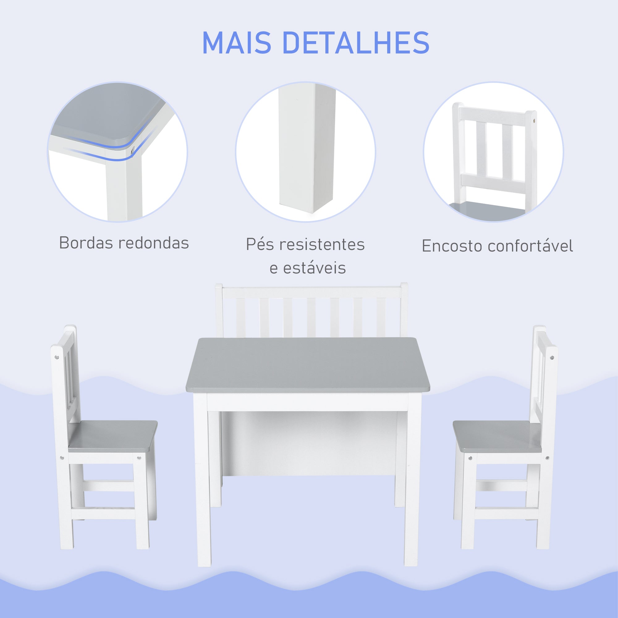 Conjunto Infantil de Mesa, Cadeiras e Banco com Armazenamento – 60x50x48 cm – Branco e Cinza