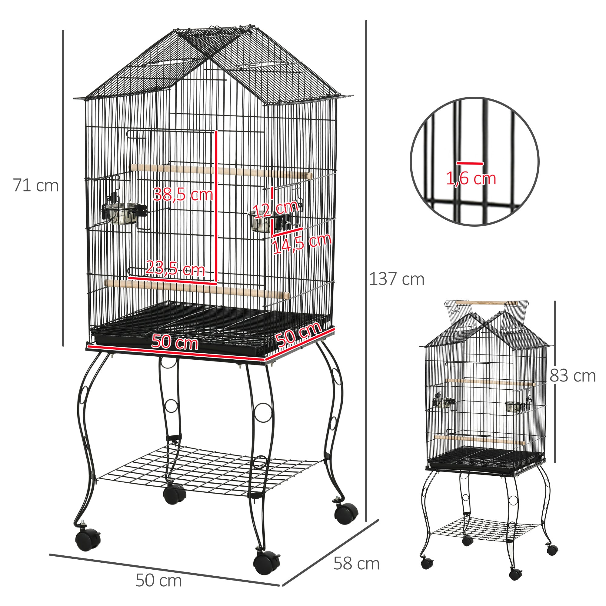 Gaiola para Pássaros Preto 50x58x145 cm com Suporte e Rodas
