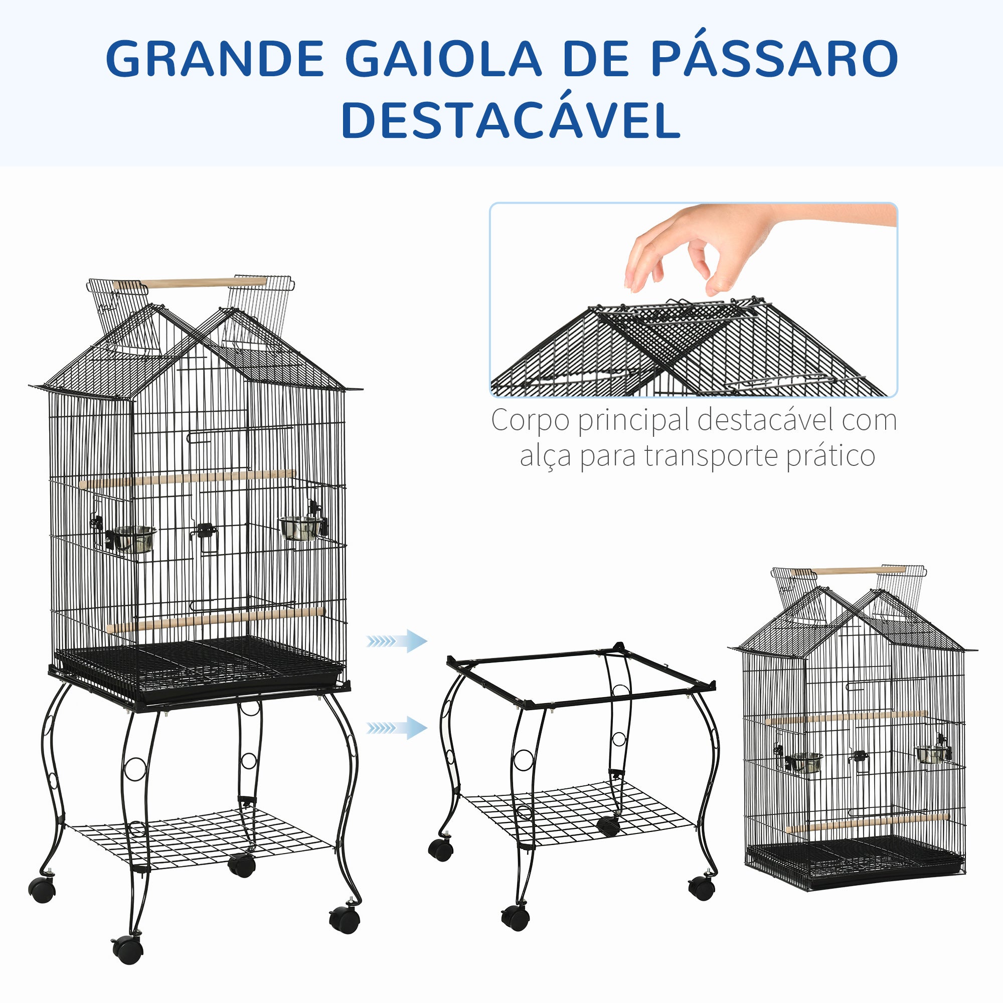 Gaiola para Pássaros Preto 50x58x145 cm com Suporte e Rodas
