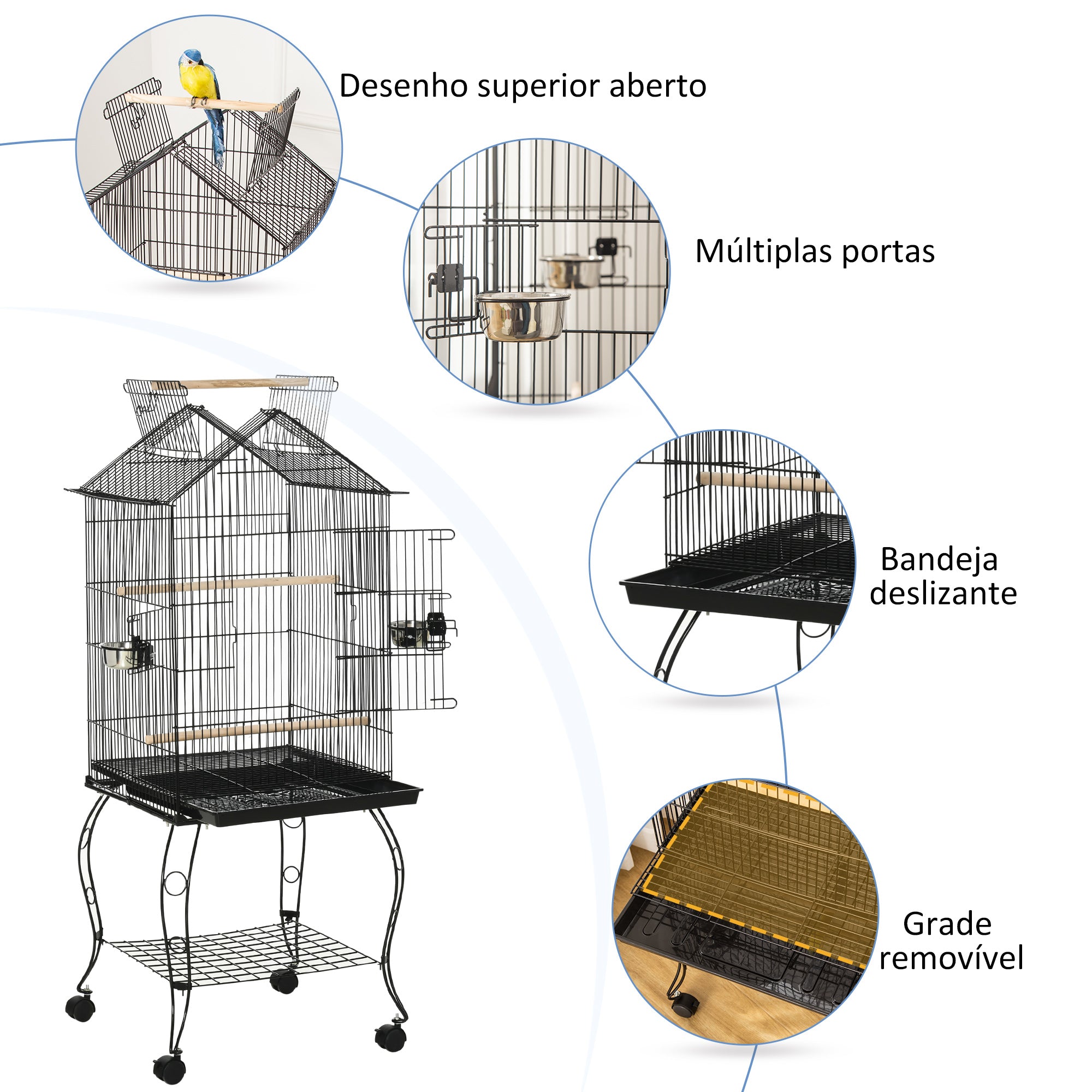 Gaiola para Pássaros Preto 50x58x145 cm com Suporte e Rodas