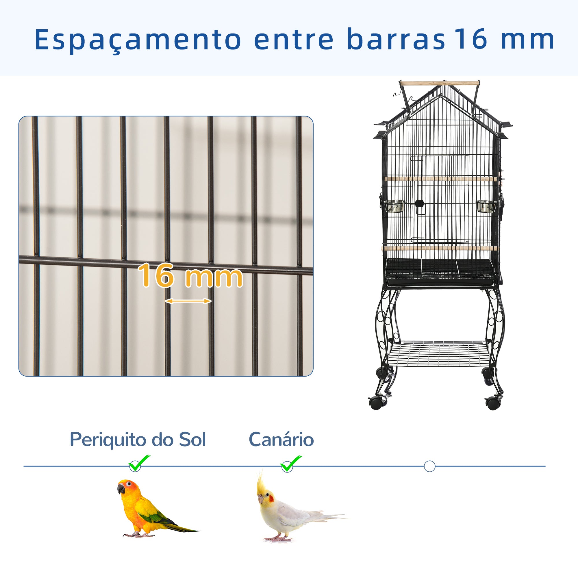 Gaiola para Pássaros Preto 50x58x145 cm com Suporte e Rodas