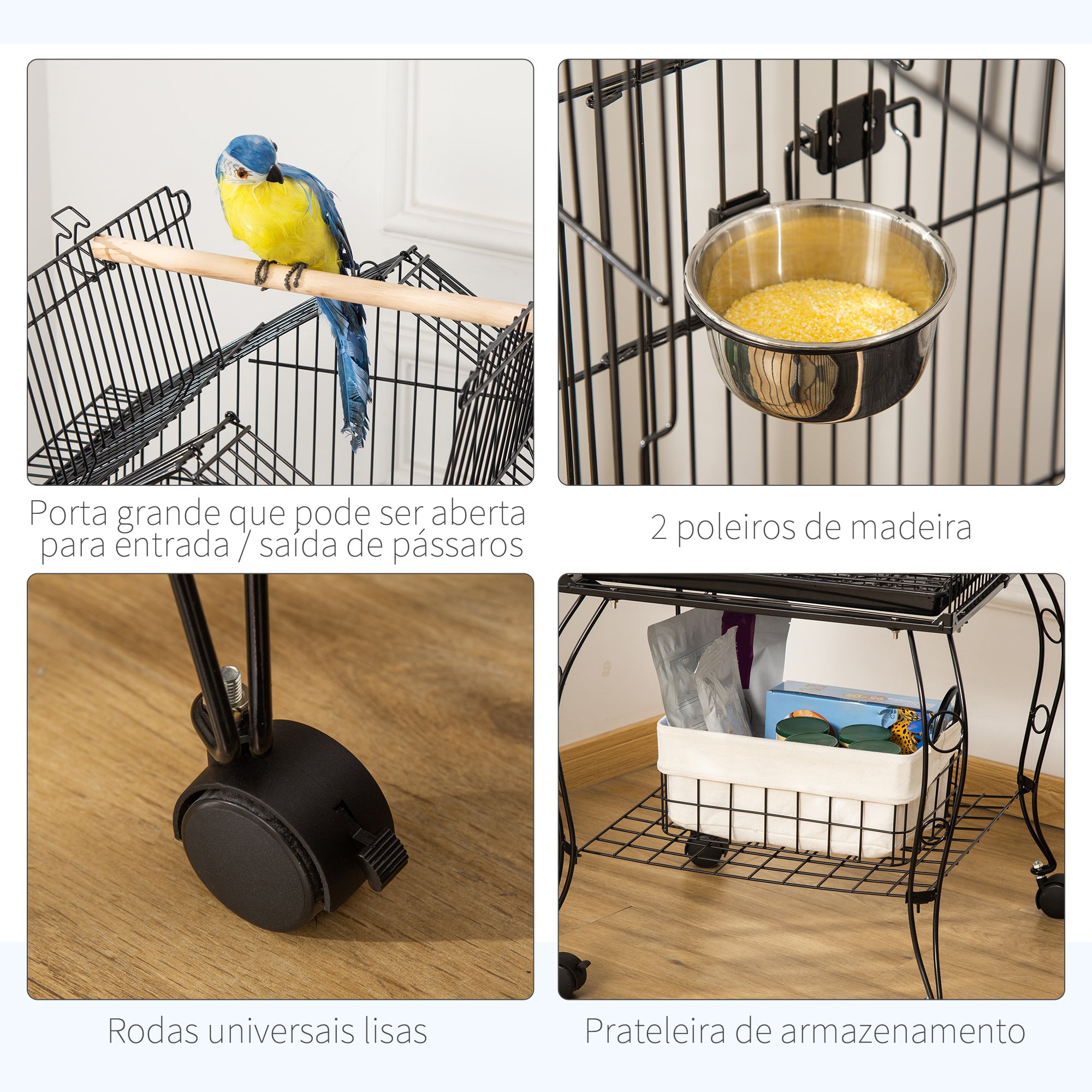 Gaiola para Pássaros Preto 50x58x145 cm com Suporte e Rodas