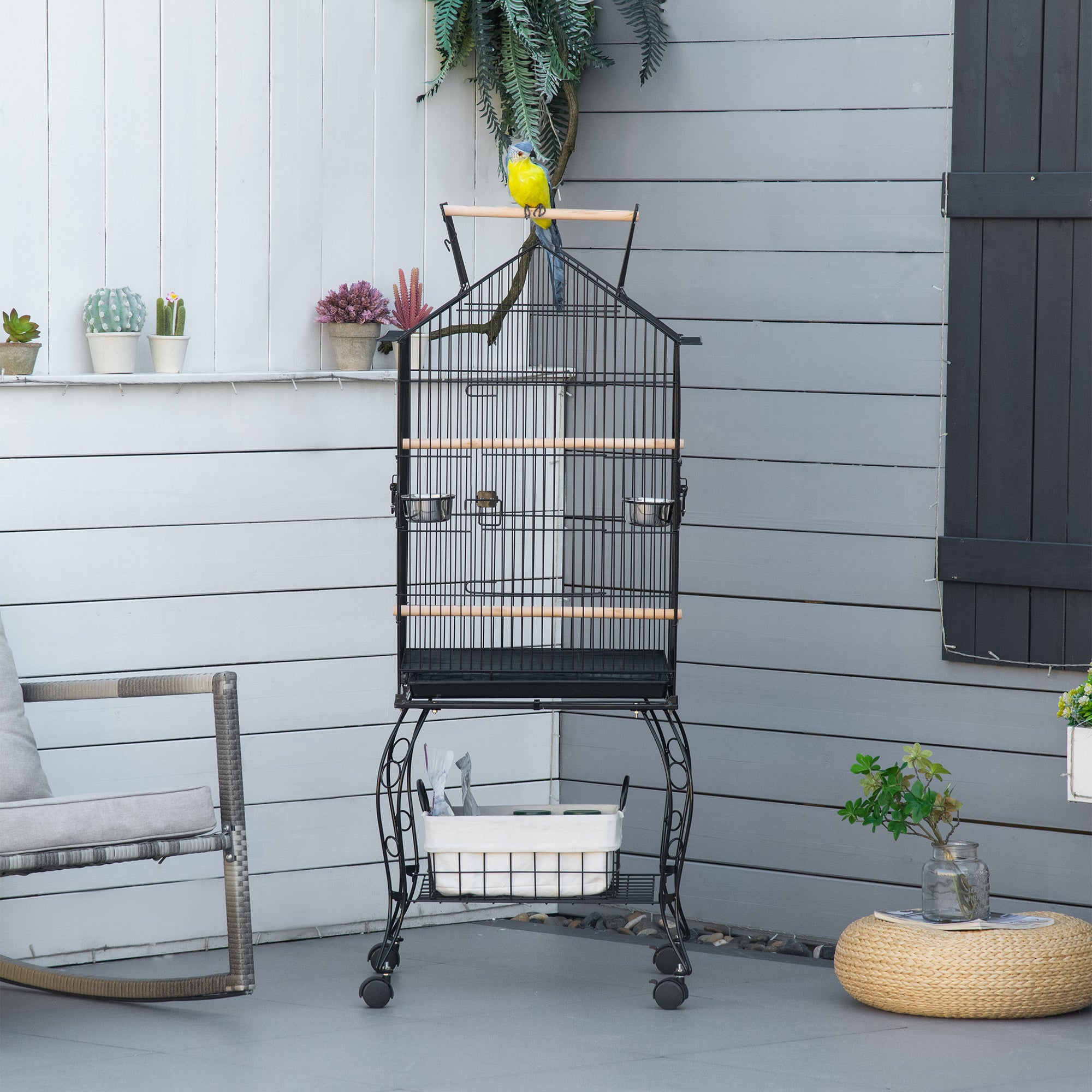 Gaiola para Pássaros Preto 50x58x145 cm com Suporte e Rodas