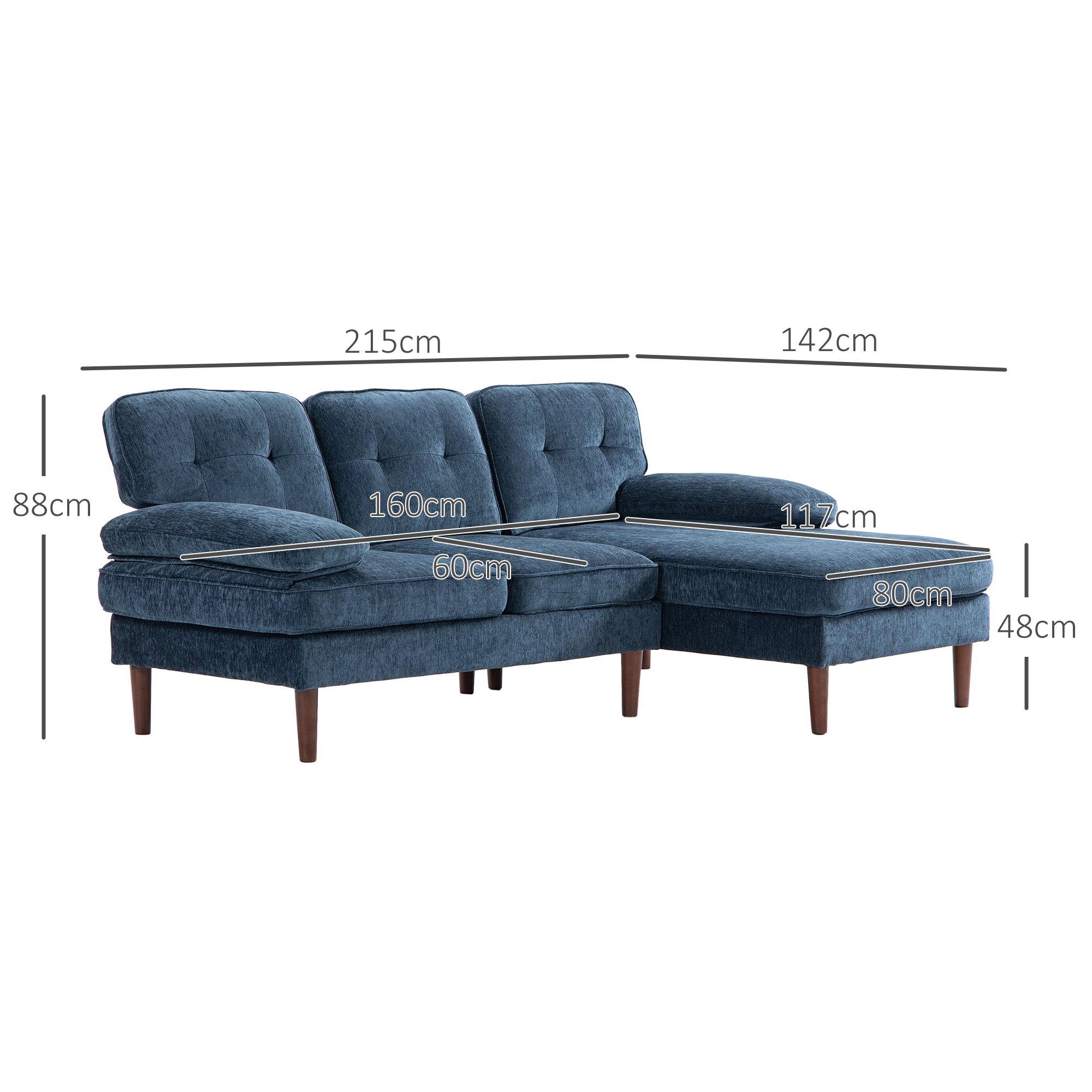 Sofá de Canto com Chaise Longue Azul Marrinho 215x142x88 cm