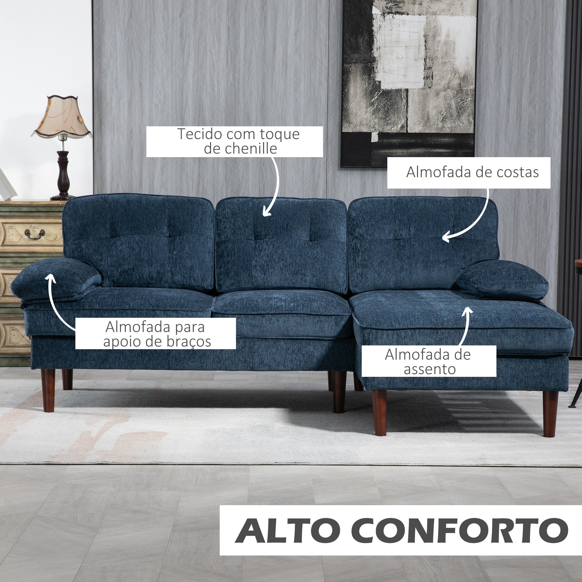 Sofá de Canto com Chaise Longue Azul Marrinho 215x142x88 cm