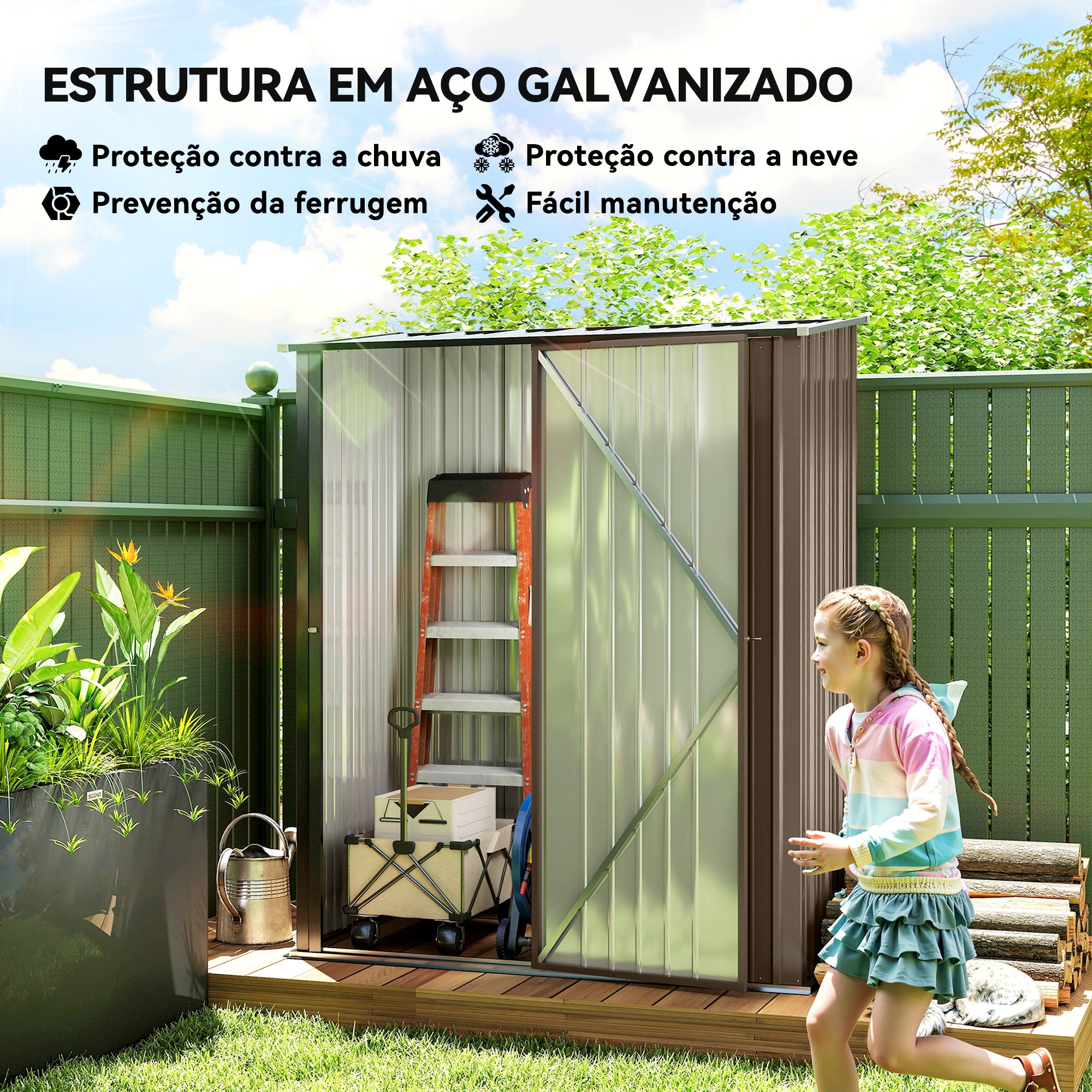 Abrigo de Jardim Marrom 161.5x94.5x196cm em Aço Galvanizado