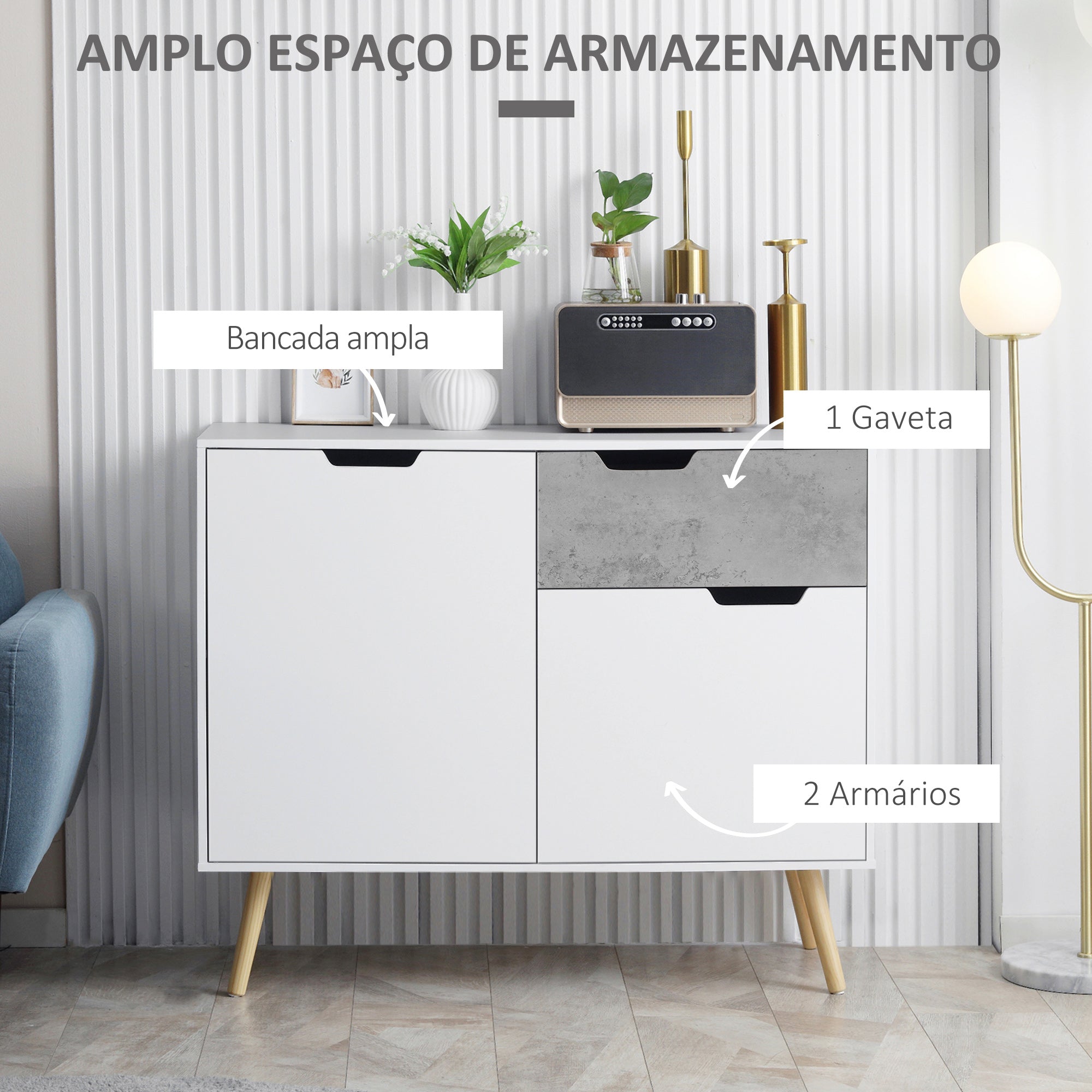 Aparador Moderno 98x39x81.5 cm Cinza e Branco