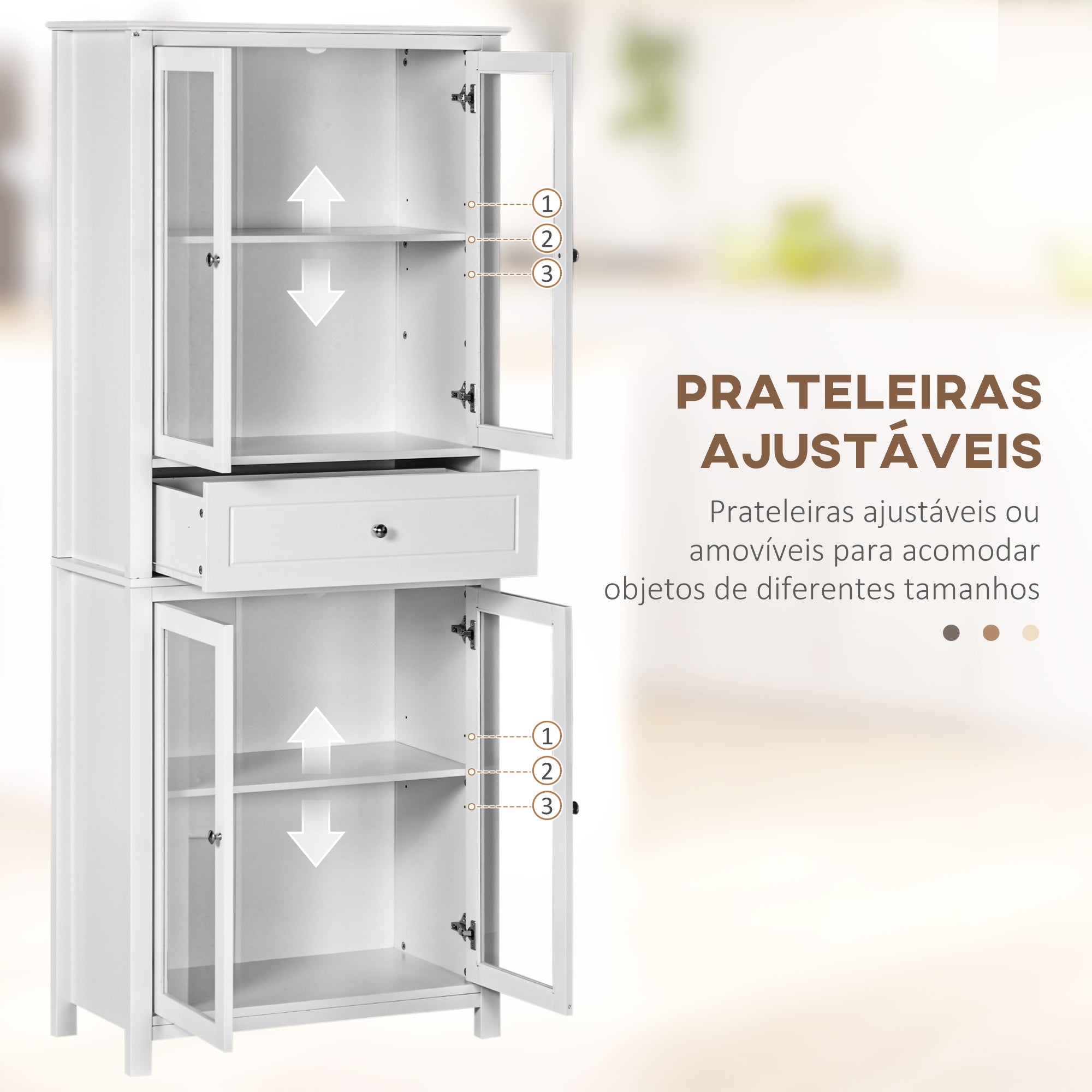Armário de Cozinha Móvel Auxiliar com Portas de Vidro e Gaveta 74x35,5x181,5 cm - Branco