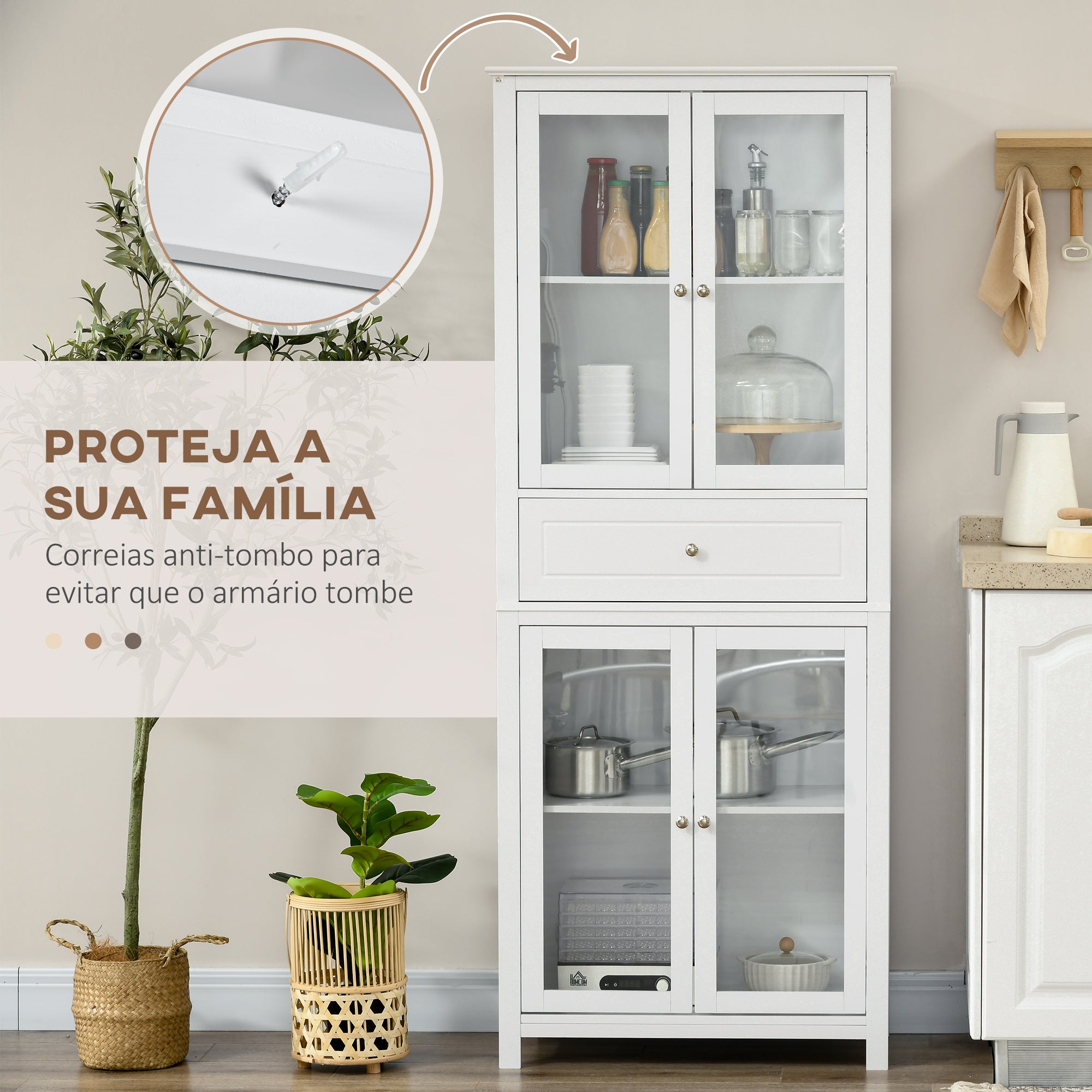 Armário de Cozinha Móvel Auxiliar com Portas de Vidro e Gaveta 74x35,5x181,5 cm - Branco