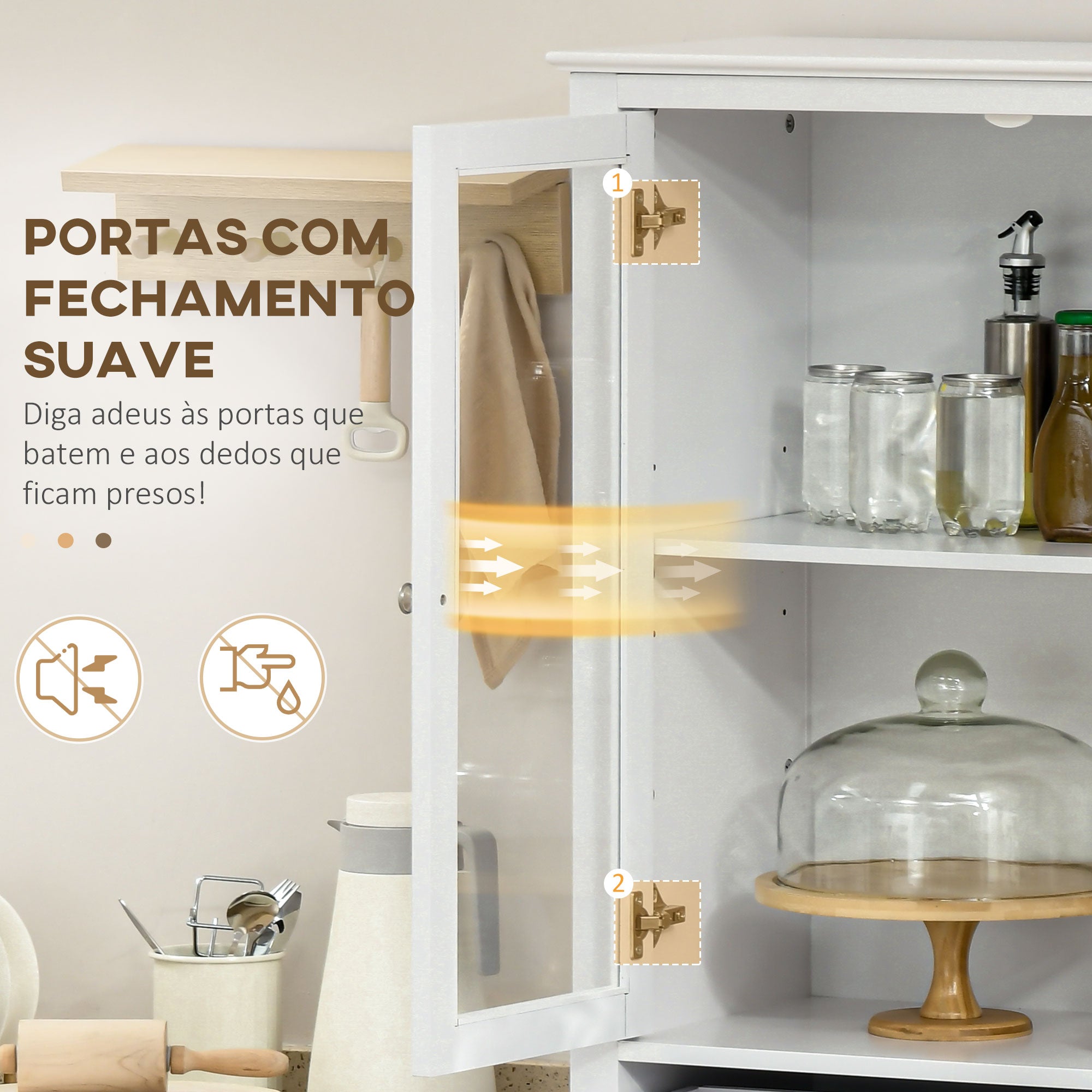 Armário de Cozinha Móvel Auxiliar com Portas de Vidro e Gaveta 74x35,5x181,5 cm - Branco