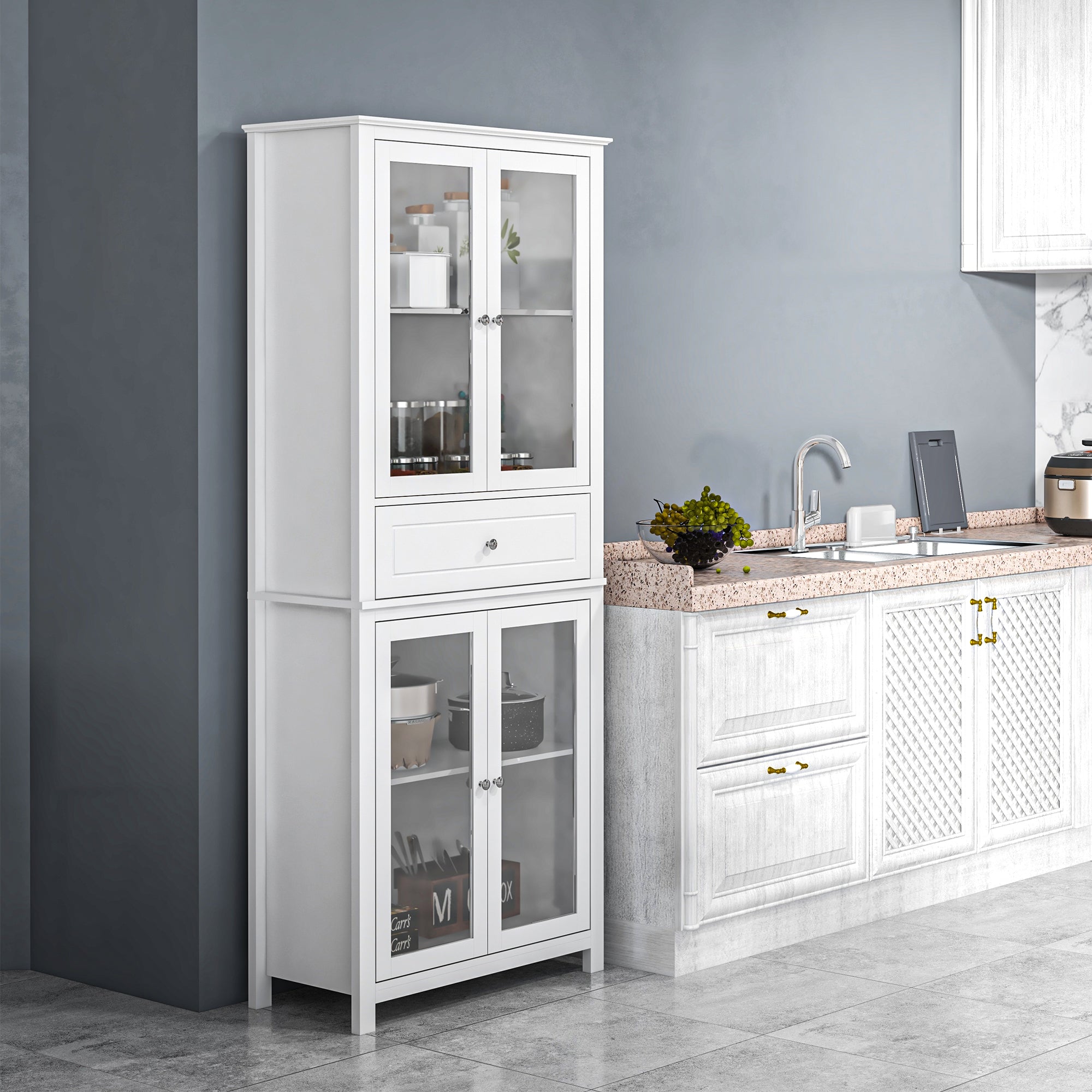 Armário de Cozinha Móvel Auxiliar com Portas de Vidro e Gaveta 74x35,5x181,5 cm - Branco