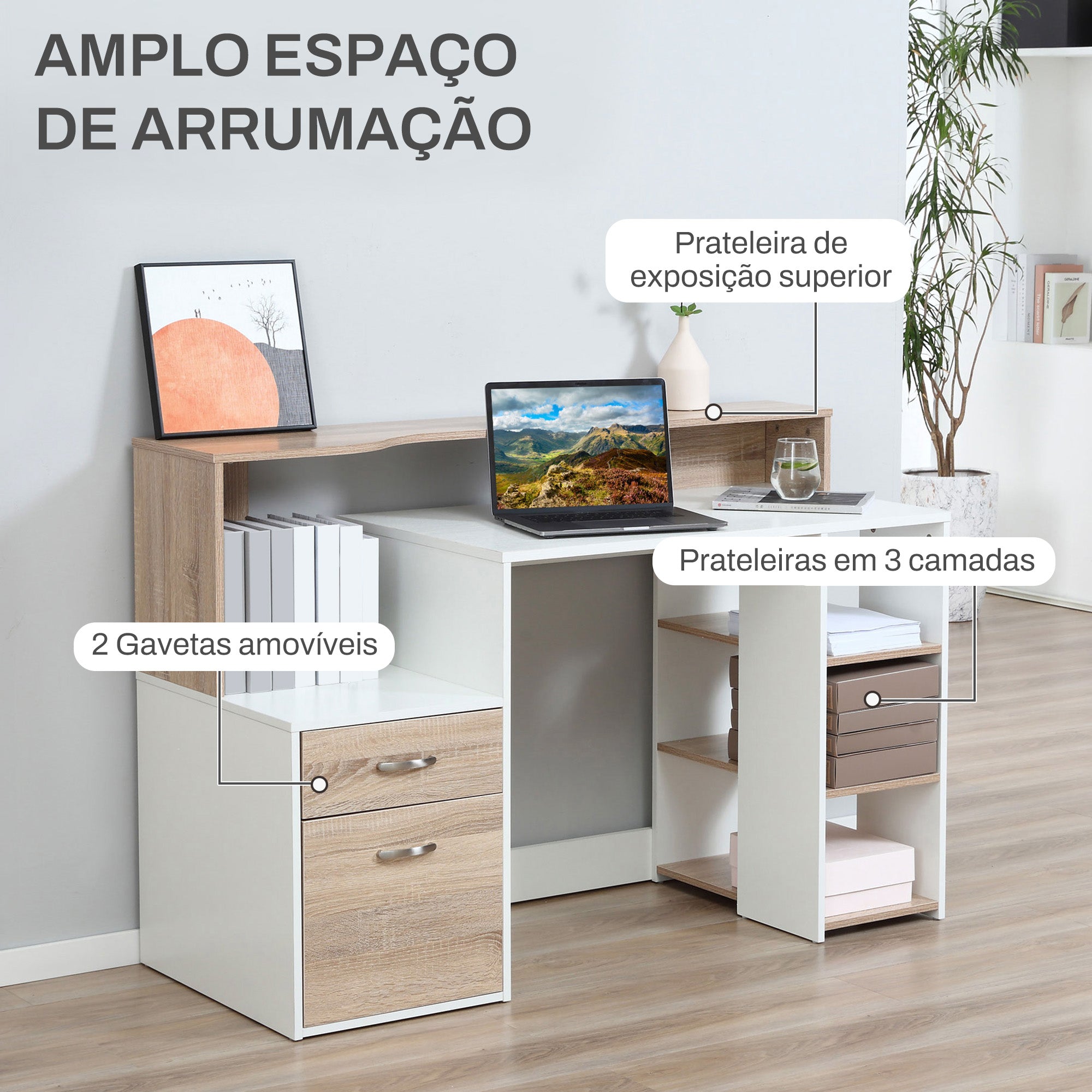 Secretária para Computador 140x55x92cm Branco e Carvalho