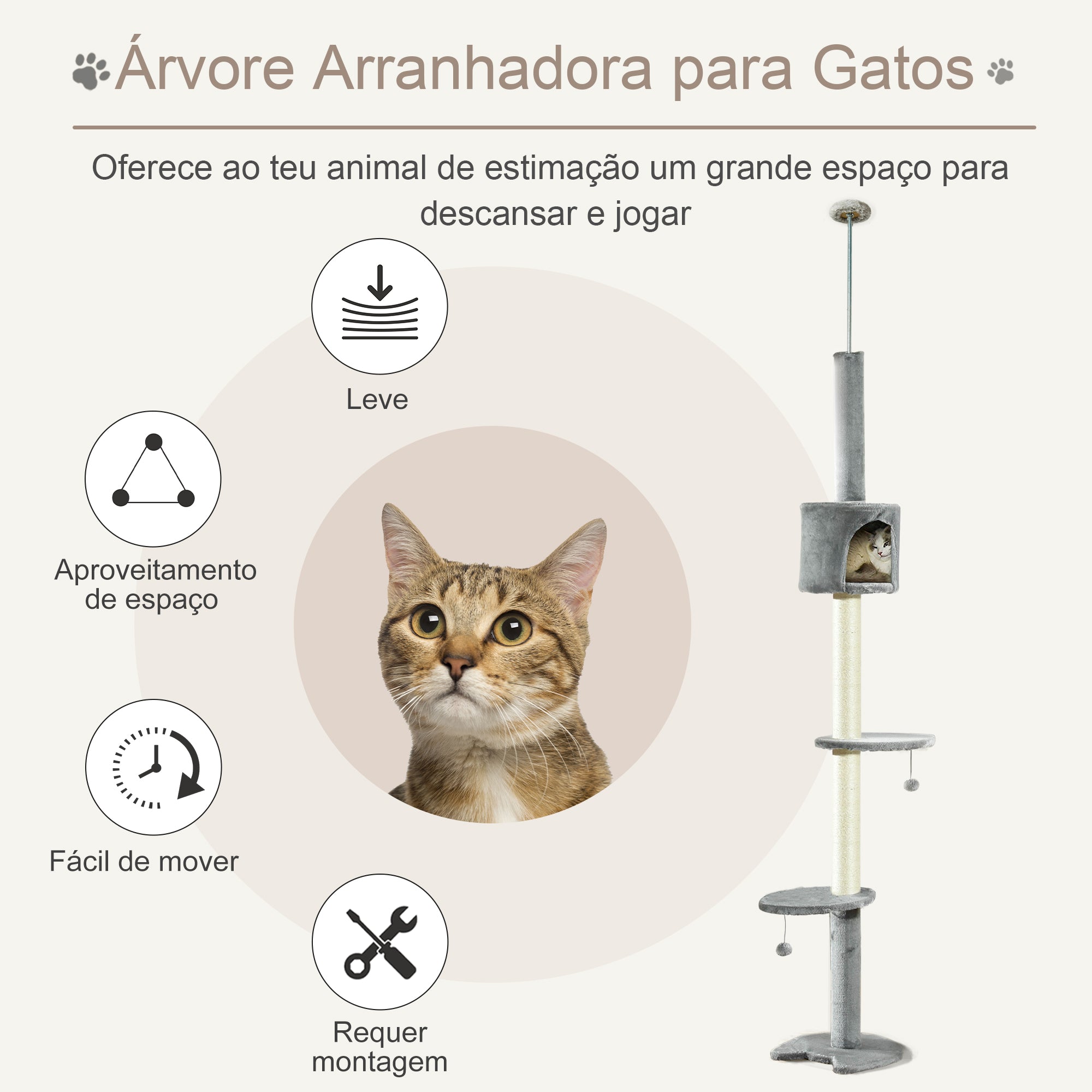 Árvore Arranhador para Gatos Cinza Claro 40x40x280cm - Centro de Atividades com Plataformas e Postes de Sisal